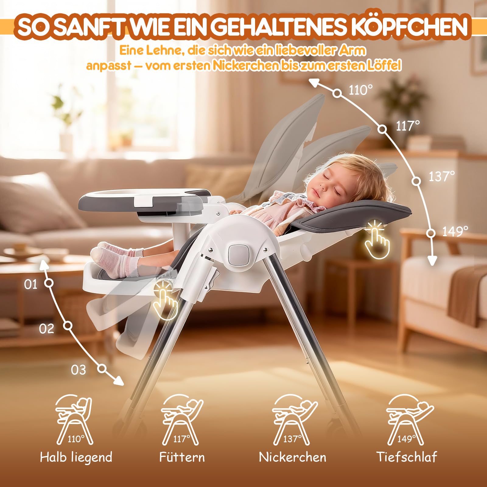 Soontrans Hochstuhl Baby, Sicher am Familientisch zum Essen Spielen Entdecken, Mitwachsend Ab Geburt bis Kleinkind, Liegeposition & Höhenverstellbar & Klappbar, aus Metallrahmen & Gepolstert(Anthrazit