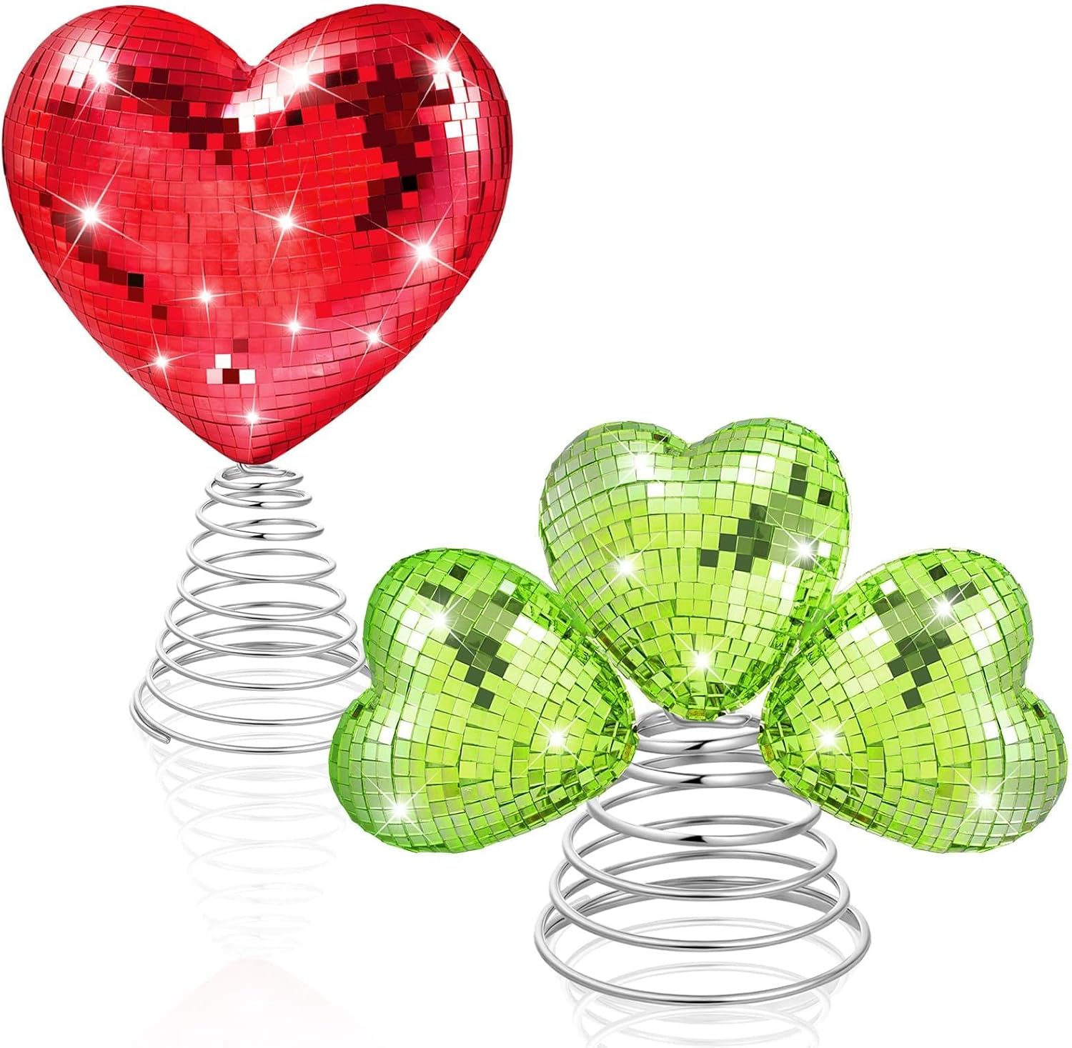 2PCS St Patrick's Day Tree Topper, 10 & 7 Inch Heart Shamrock Tree Topper, Disco Sequin Ball Treetop, Red Green Iron Metal Glitter Treetop for Wedding Holiday Party Decor