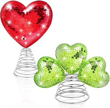 2PCS St Patricks Day Tree Topper, 10 & 7 Inch Heart Shamrock Tree Topper, Disco Sequin Ball Treetop, Red Green Iron Metal Glitter Treetop for Wedding Holiday Party Decor