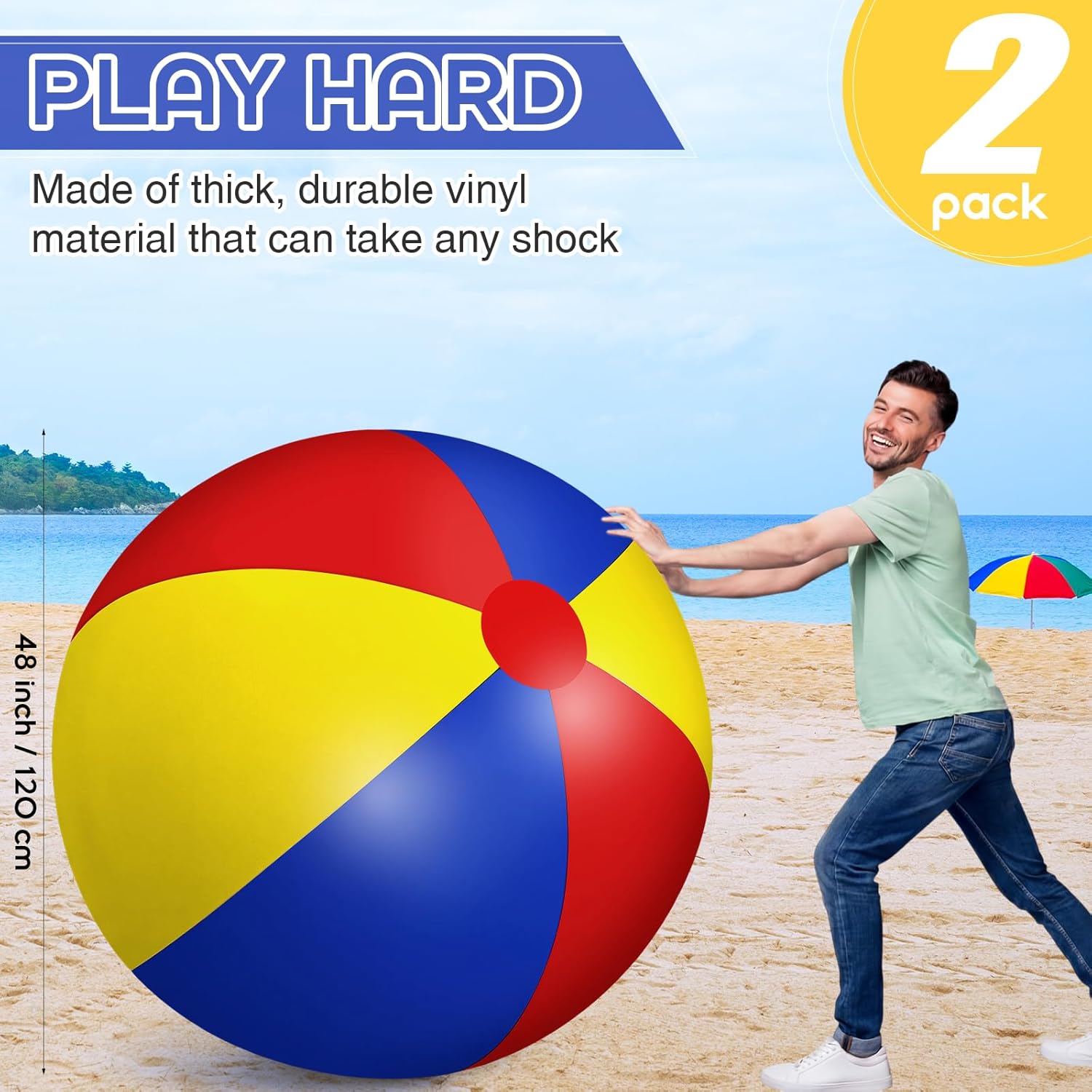 Zhanmai 2 Pieces 48 Inch Giant Inflatable Beach Ball Jumbo Rainbow Color Beachballs Blow up Huge Plastic Inflatable Balls for Kids Adults Water Games Summer Pool Swimming Party