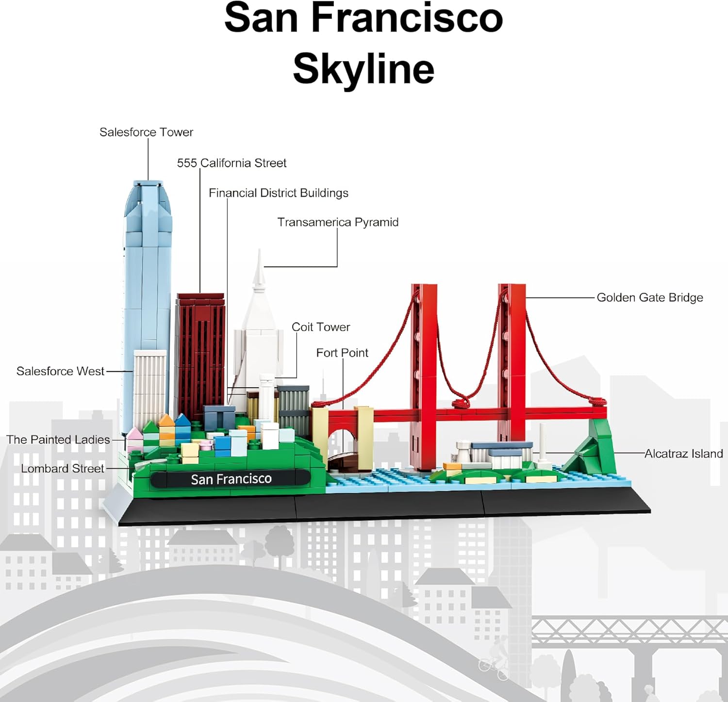 Apostrophe Games San Francisco Skyline Building Block Set (459 Pieces) Features Golden Gate Bridge and More - Architecture Landmark Model for Kids and Adults