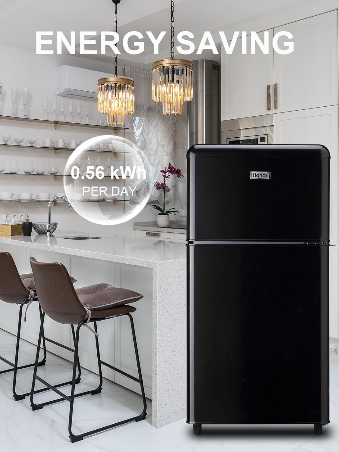 WANAI Compact Refrigerator 3.5 Cu.Ft Retro Black Fridge With Freezer 2 Door Mini Refrigerator with 7 TEMP Modes, LED Lights, Removable Shelves, Ideal for Apartment Dorm and Office, Black