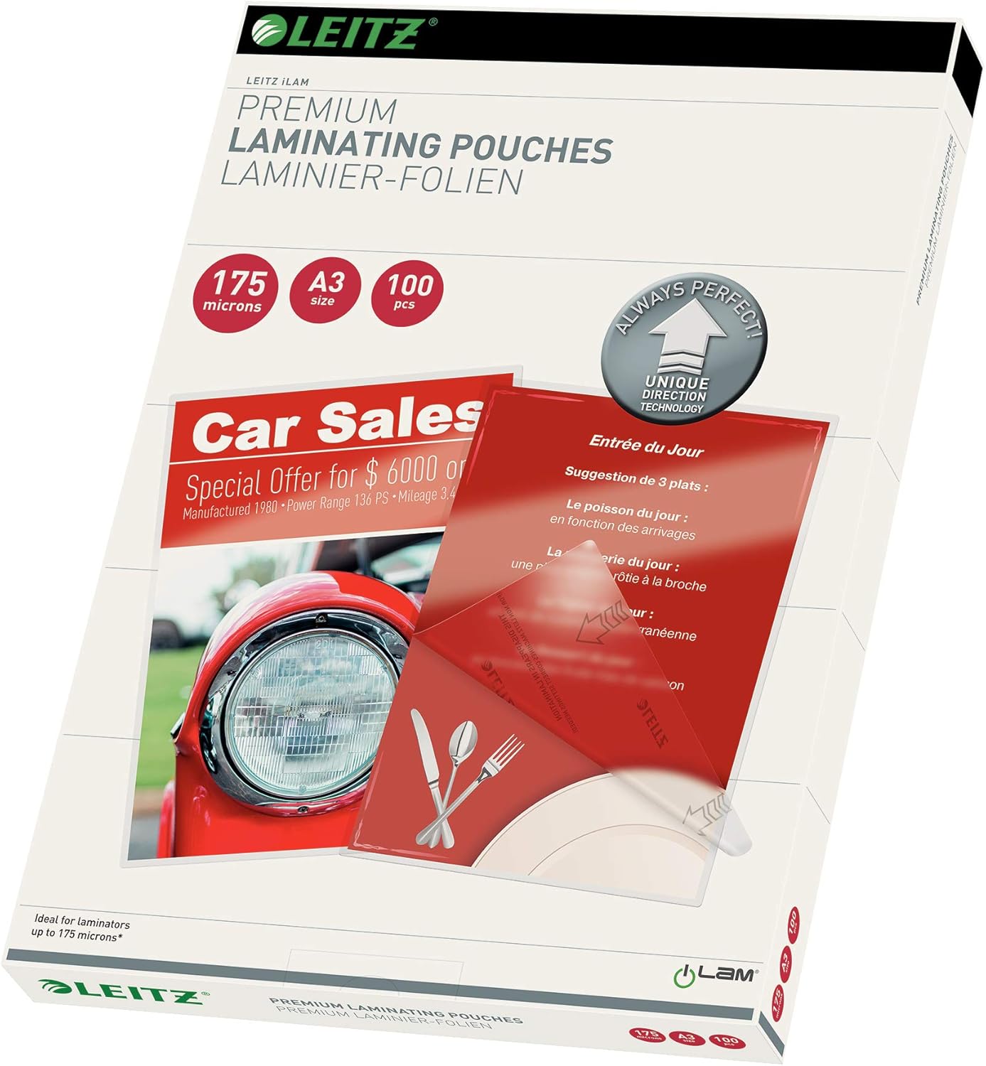 Leitz 74910000 Laminating Pouches Made of 250 Micron Thick Material (Transparent, Glossy, A3 and UDT) - Pack of 25
