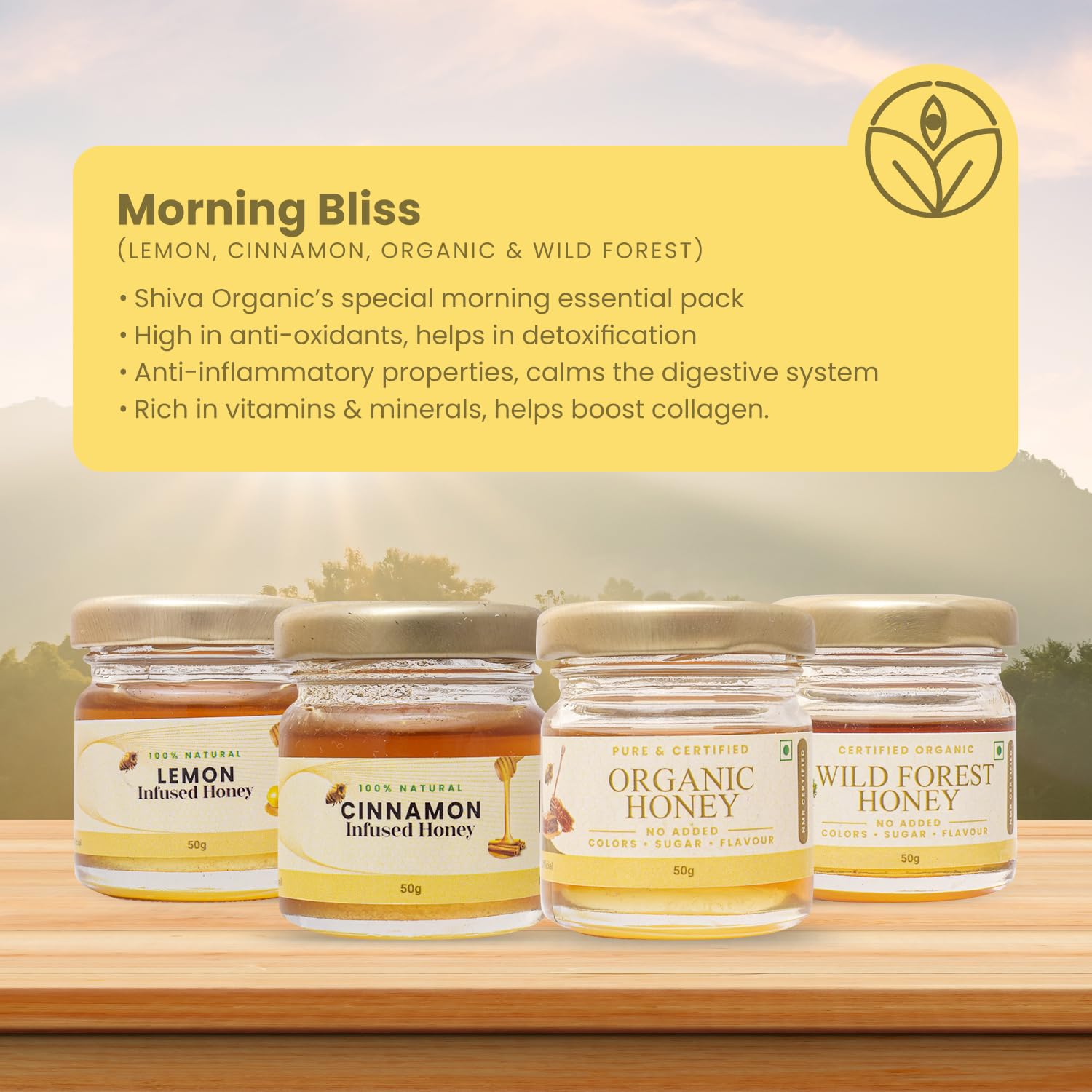 Shiva Organic Honey Tasters - Morning Starter Pack | 4 Flavors x 50g Each | Total 200g | Begin Your Day with Pure Honey Goodness