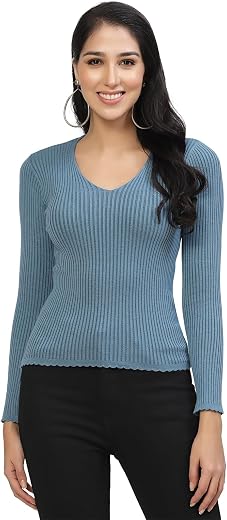 Kalt Women's Full Sleeves V-Neck Ribbed Sweater