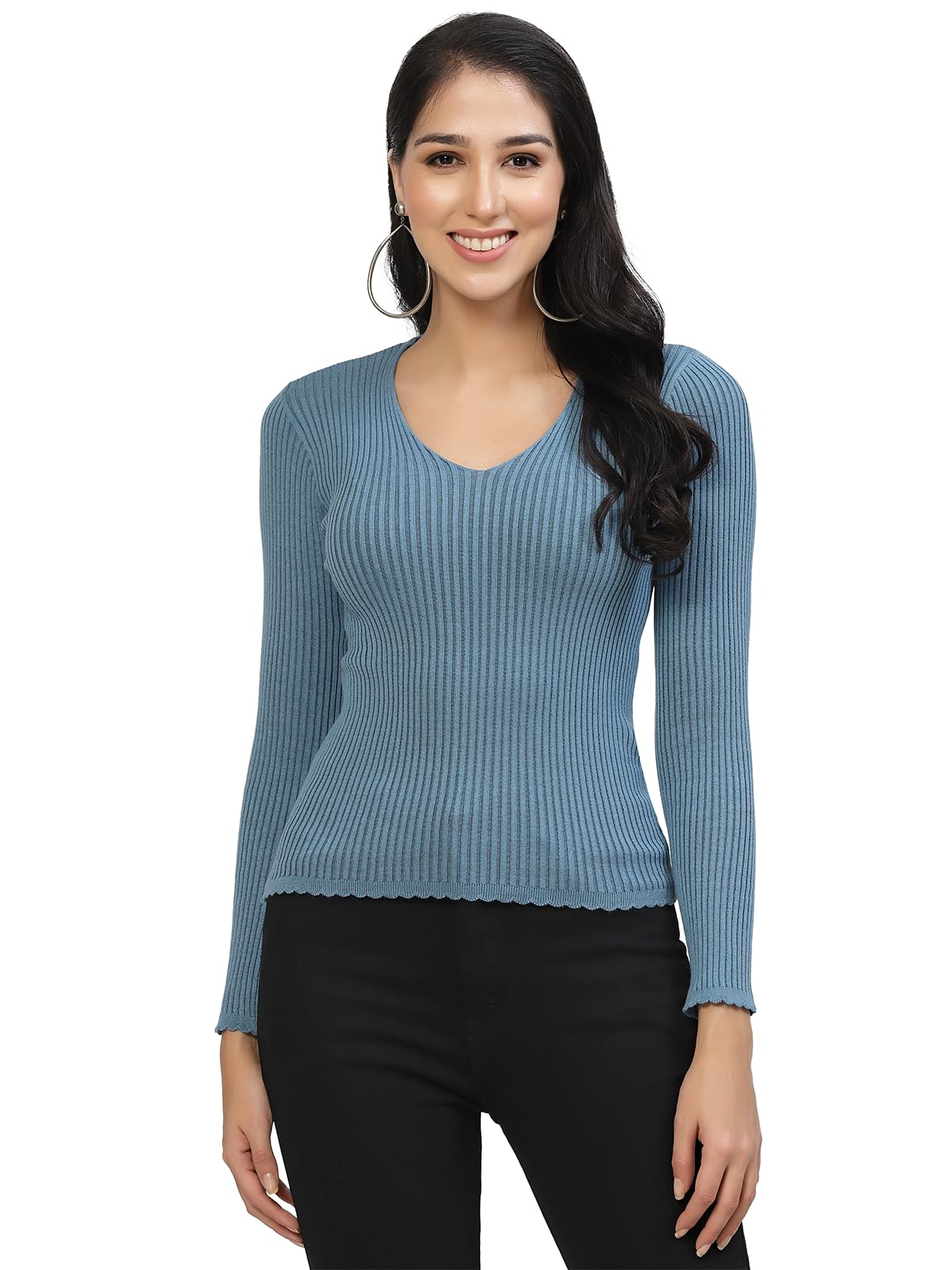 Women's Full Sleeves V-Neck Ribbed Sweater
