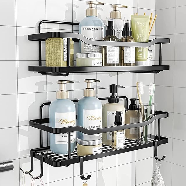 NUCAZA Shower Caddy, Shower Shelf No Drilling Adhesive Bathroom Shelf Wall Mounted with 4 Hooks, Rustproof Stainless Steel 304 Accessories Bathroom Storage Kitchen Spice Rack - 2 Pack, Black