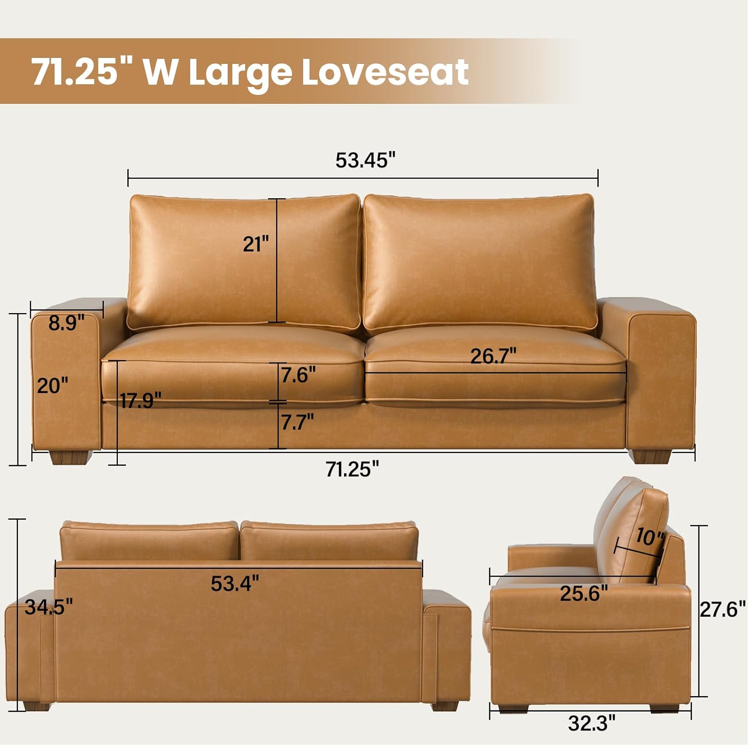 COUCHOICE Modern Faux Leather Loveseat Sofa, Compact Small Couch with Spring Cushions & Solid Wood Frame, Easy-Clean Removable Cover, Living Room Office Apartment Furniture (71.25", Brown)