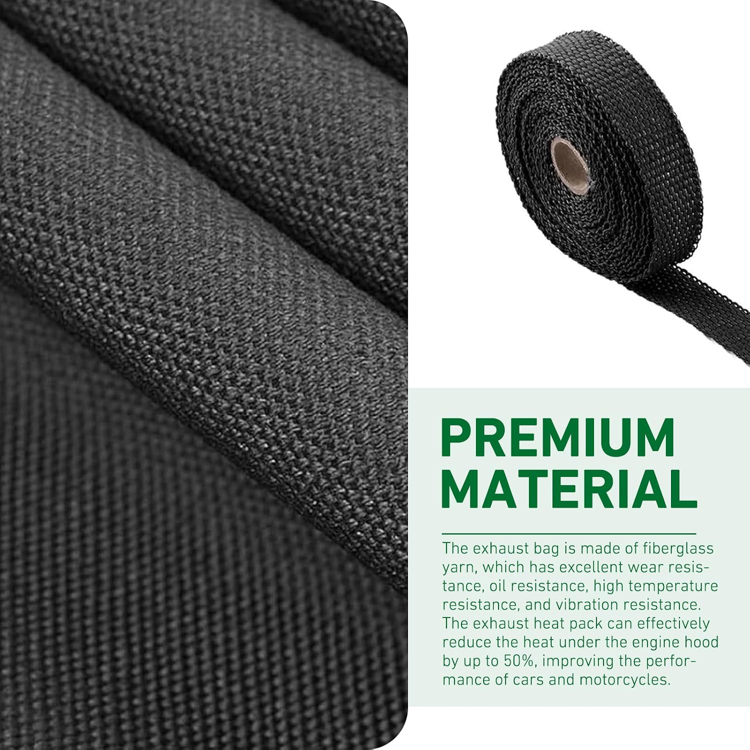 Motorcycle Exhaust Heat Wrap, 196" Fiberglass Heat Shield Tape with 4 Ties, Car Exhaust Pipe Heat Insulation Muffler Tape, Universal Protective Modification (Black)
