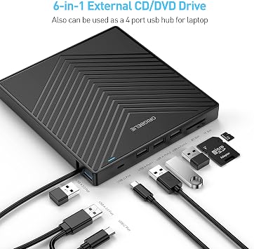 ORIGBELIE External CD DVD Drive Thin CD Recorder USB 3.0 with 4 USB Ports and 2 TF/SD Card Slots Optical Disc Drive for Laptop Mac PC Windows 11/1 /8/7 Linux Operating System
