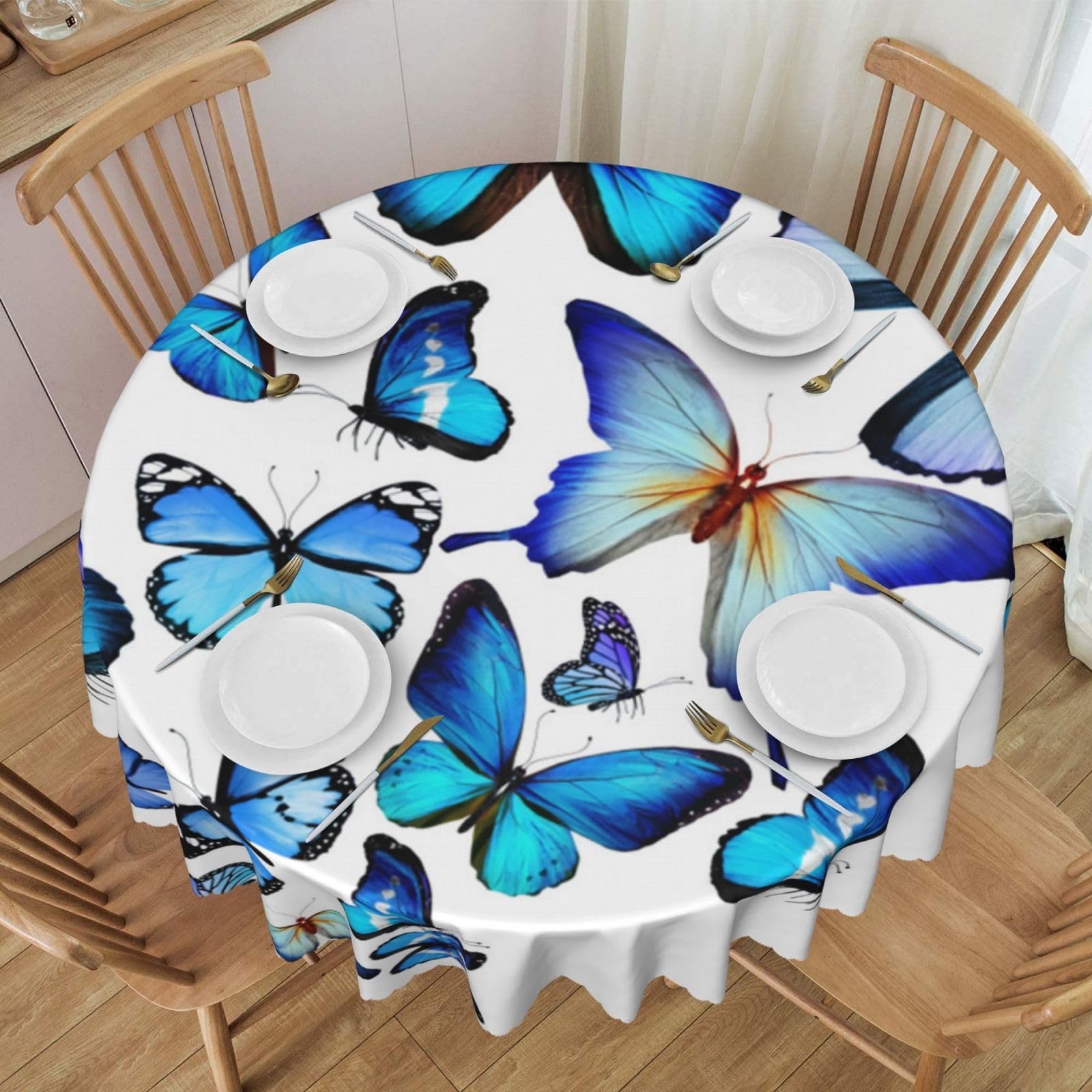 DCEHGEW 60 In Round Tablecloth with Lace, Blue Butterfly Printed Oilproof & Washable Fabric Picnic Table Cloth Table Covers