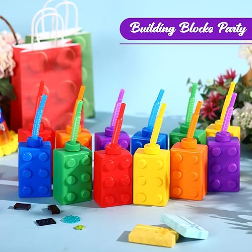 Miniatura 5 de Sawysine Juego de 12 vasos de bloques de construcción de 10 onzas, bloques reutilizables para fiestas, vasos de plástico de ladrillos de color con