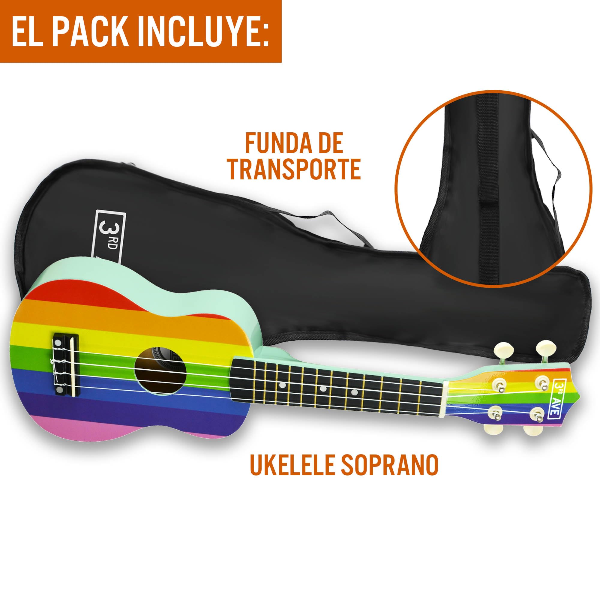 3rd Avenue Ukelele soprano para principiantes de 53 cm, 4 cuerdas de nailon con bolsa de ukelele gratis, arco iris, lecciones en línea gratis de 1 mes