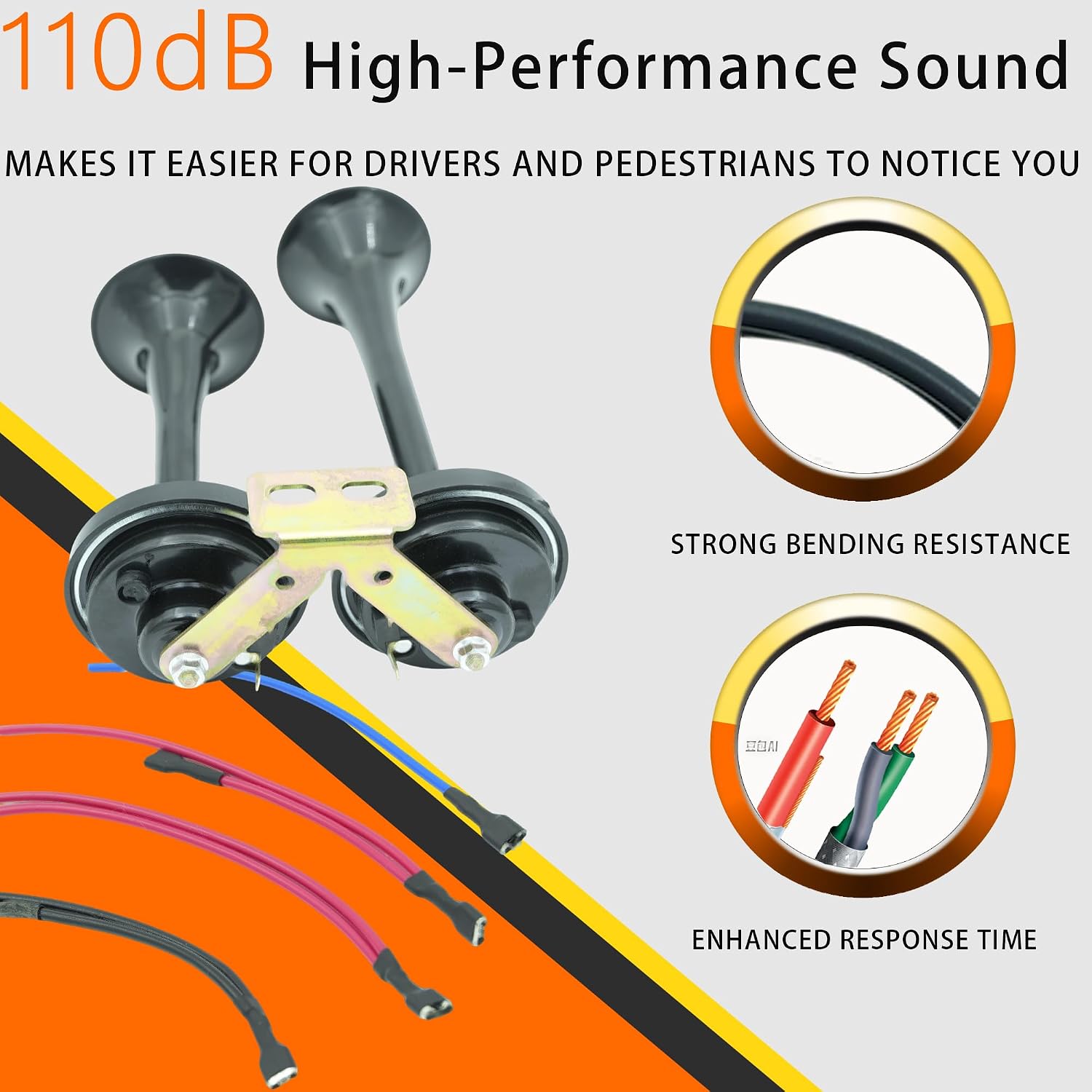 125dB Truck Dual Track Horn Assembly With Bracket 11 Inches 12V Waterproof Alternative Electronic Parts for Vehicles Trucks Lorrys Trains Boats Cars (BLACK)