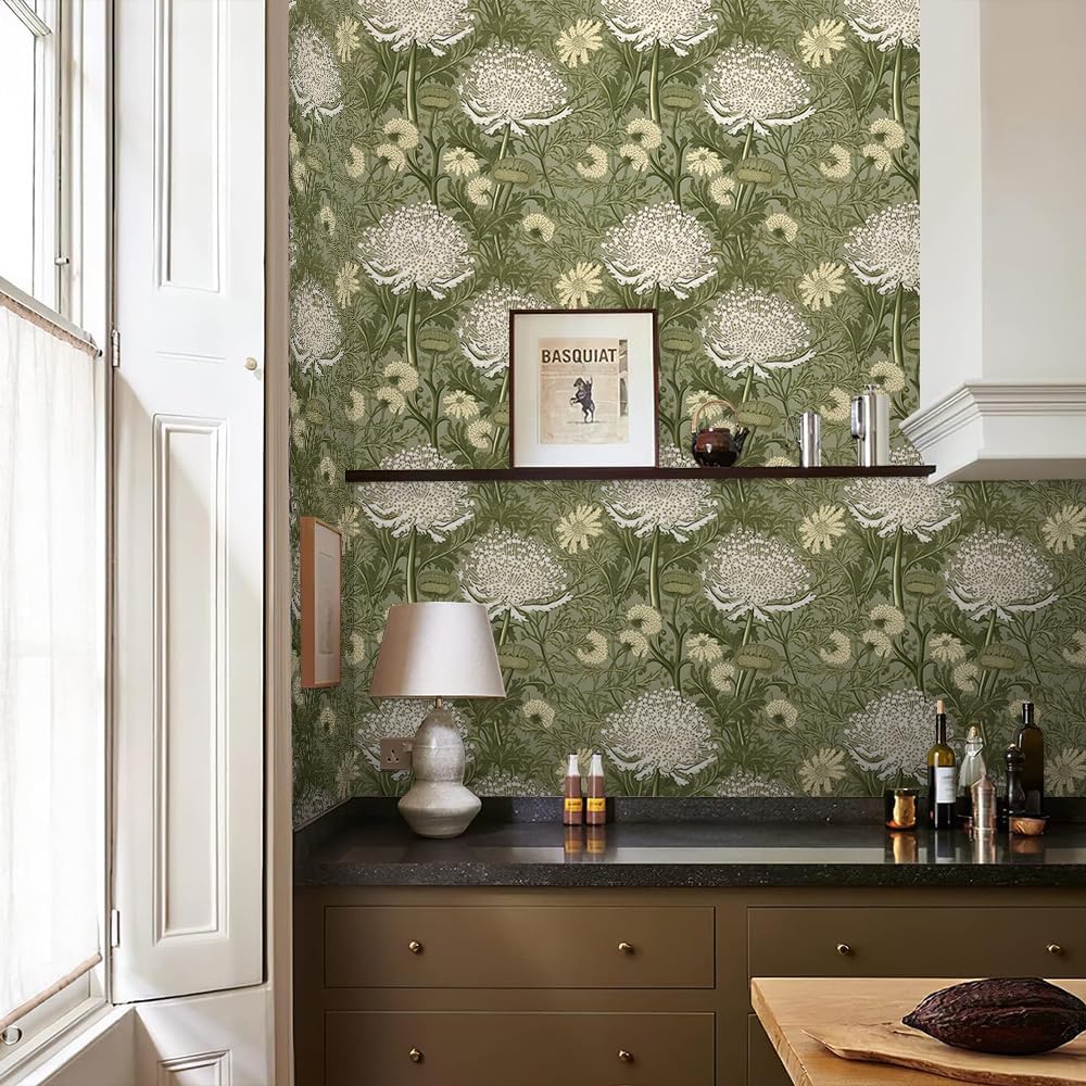 REDAMANCY Boho Abstract Olive White Flower Retro Peel and Stick Wallpaper Vintage Wall Paper Stick on Contact Paper Easy Peel Off for nightstand Drawer Renter Friendly 17.7"x236"