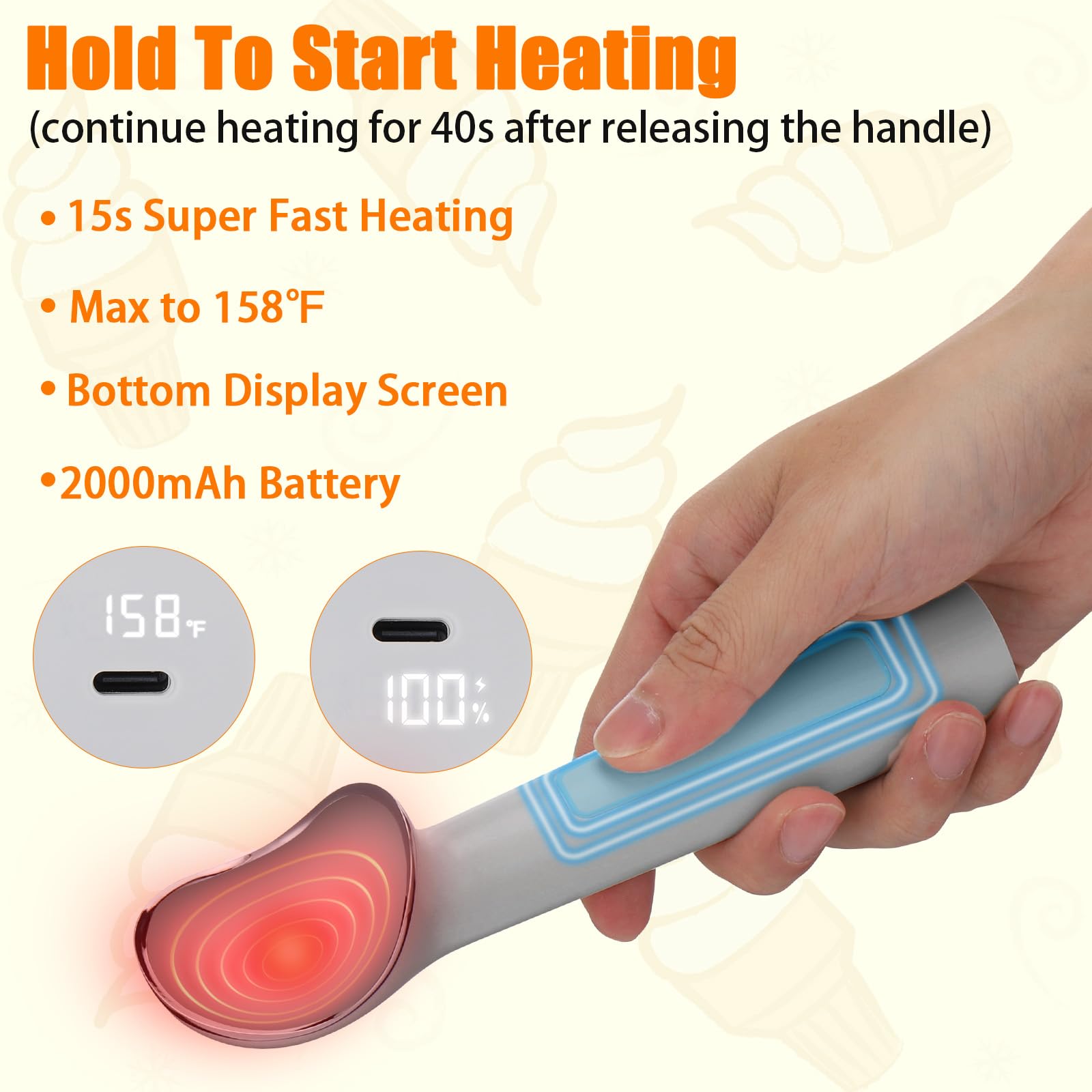 Cuillère à glace chauffante génération 2.0 – Chauffage rapide et légère rechargeable par USB pour crème glacée dure, chauffe jusqu'à 70 °C avec écran LED, étanchéité IP67, prise en main facile pour