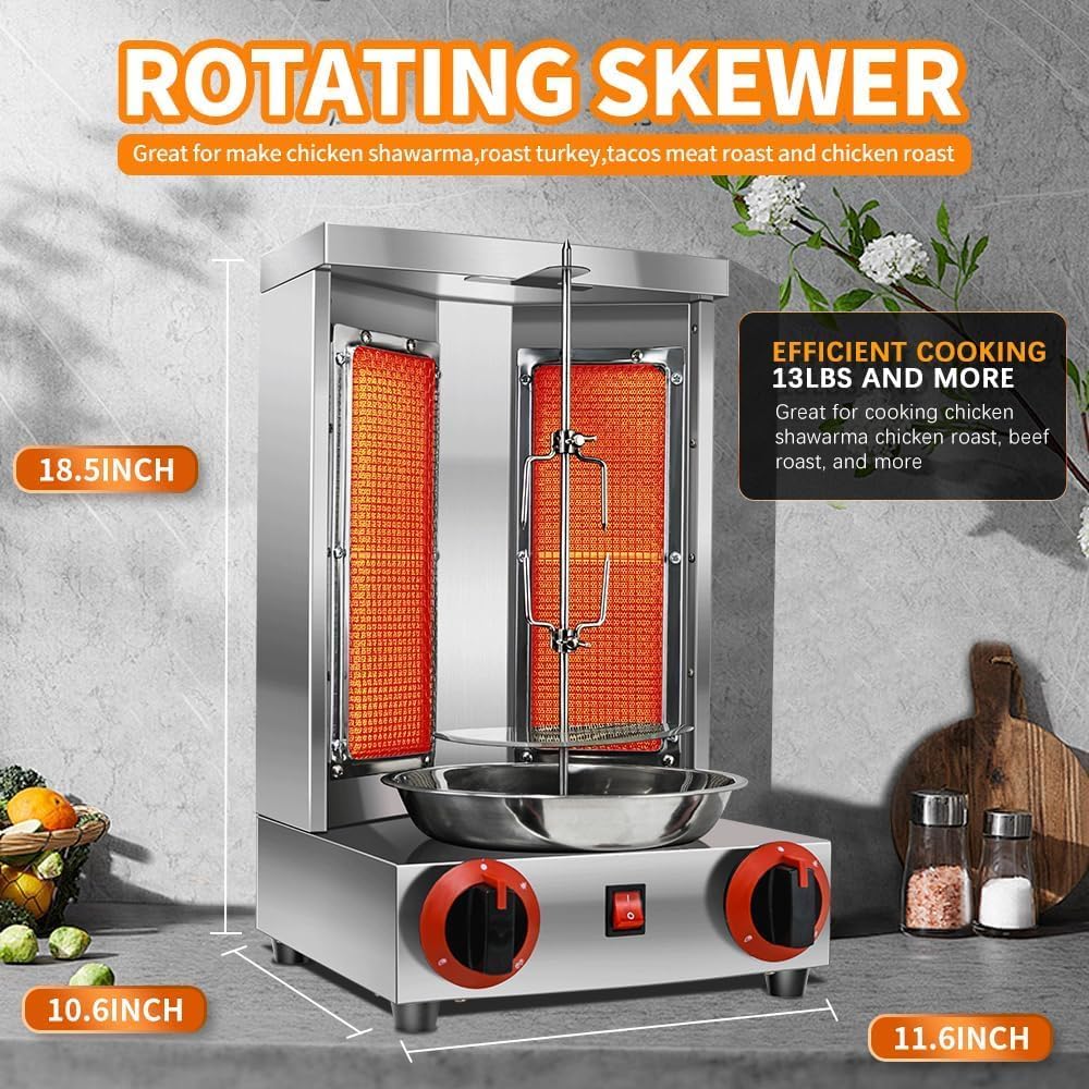 Li Zhen Shawarma Machine Gas Vertical Doner Kebab Machine Shawarma grill Vertical Rotisserie Machine Propane Vertical Broiler with 2 Burner and Meat Catch Pan for Kitchen,(Patented Product)