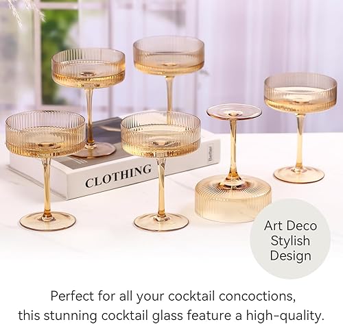 Miniatura 2 de Juego de 6 vasos de martini ámbar vintage Art Deco Amber Coupé Juego de 6 copas de cóctel de Martini acanaladas de 9 onzas  Juego de copas de cóctel