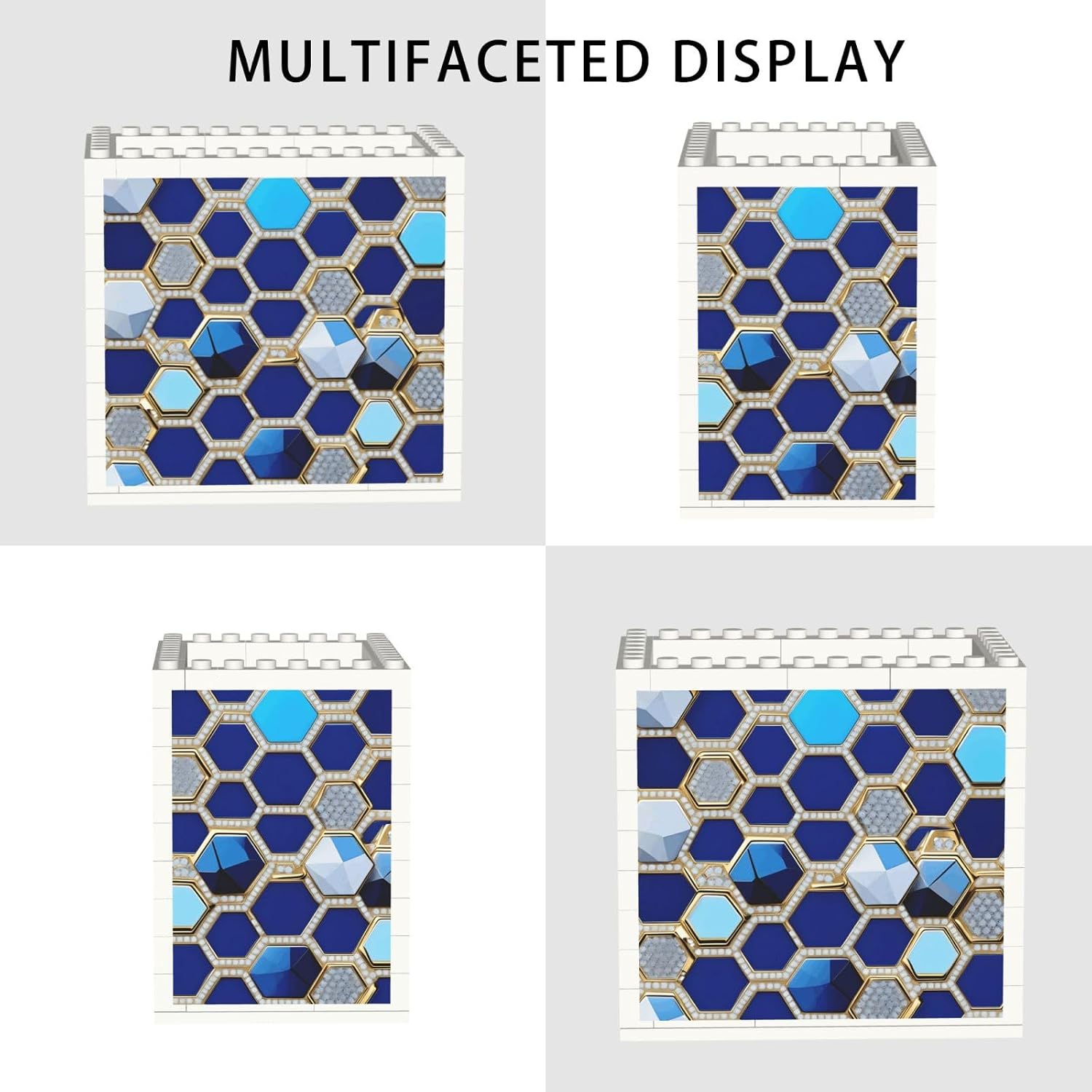 Blue Hexagons And Diamond Print Uv Print Block Pencil Cup, Detachable Creative Block Desk Organizer Office Abs Pen Holder image 2
