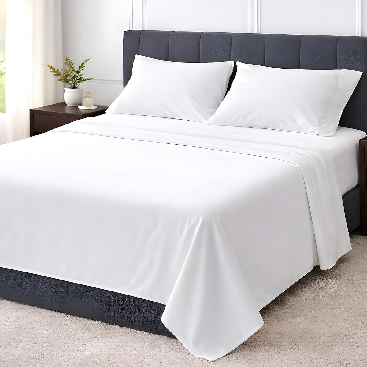 Shreem Linen California King 4 Piece Sheet Set, Ultra Soft Microfiber Bed Sheets Cal King Size, Breathable Cooling Bedding, Deep Pocket Fits 8–16 Inch Mattress, White