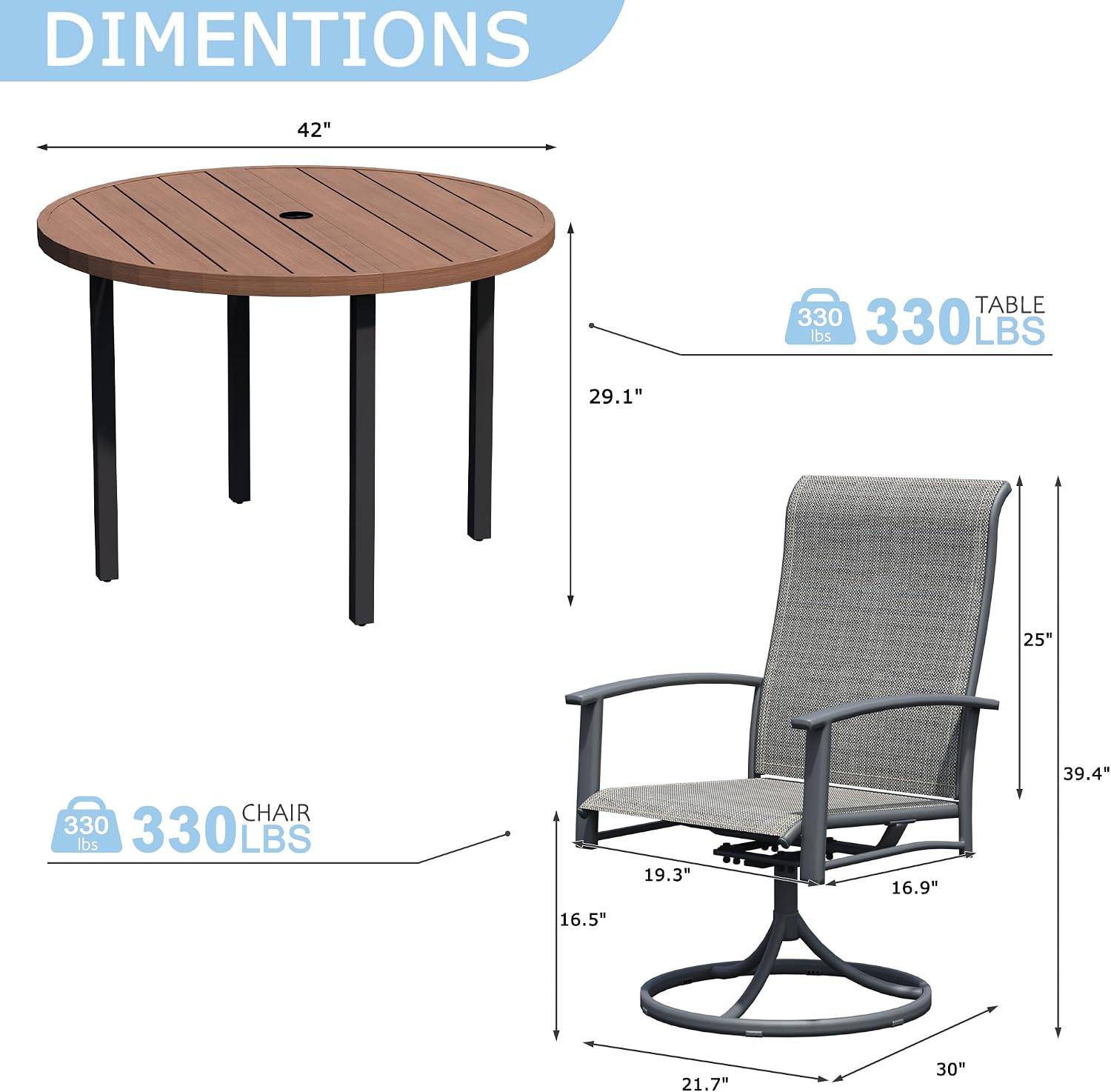 5 Piece Outdoor Dining Set, 42" Walnut Round Outdoor Dining Table with 4 Grey Swivel Patio Table and Chair Set of 4 for Lawn, Garden, or Porch
