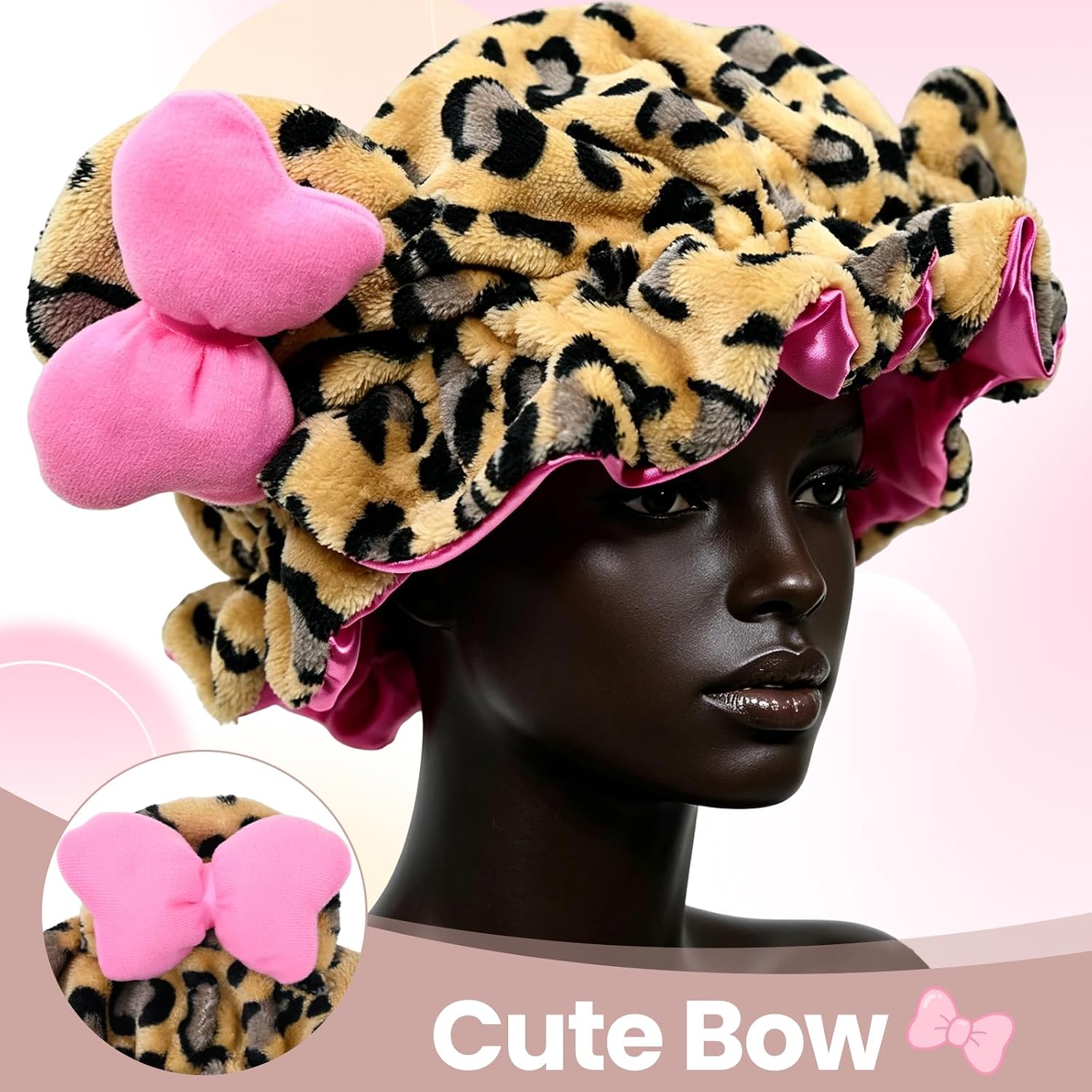 Cute Animal Ears Sleep Cap with Satin Lining Adjustable Plush Hair Bonnet for Women Soft Night Hat with Bow Leopard Print