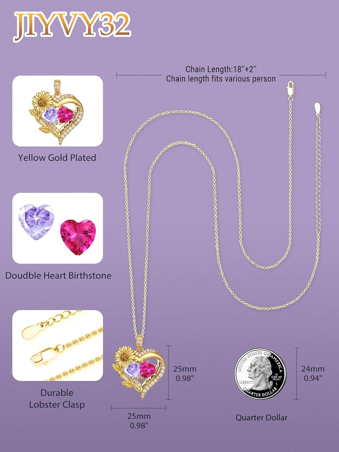 Sunflower Heart Necklace for Women Exquisite Anniversary Birthday Gifts for Wife Mother Her Double Birthstone Pendant jewelry‘You Are My Sunshine’ - Image 2