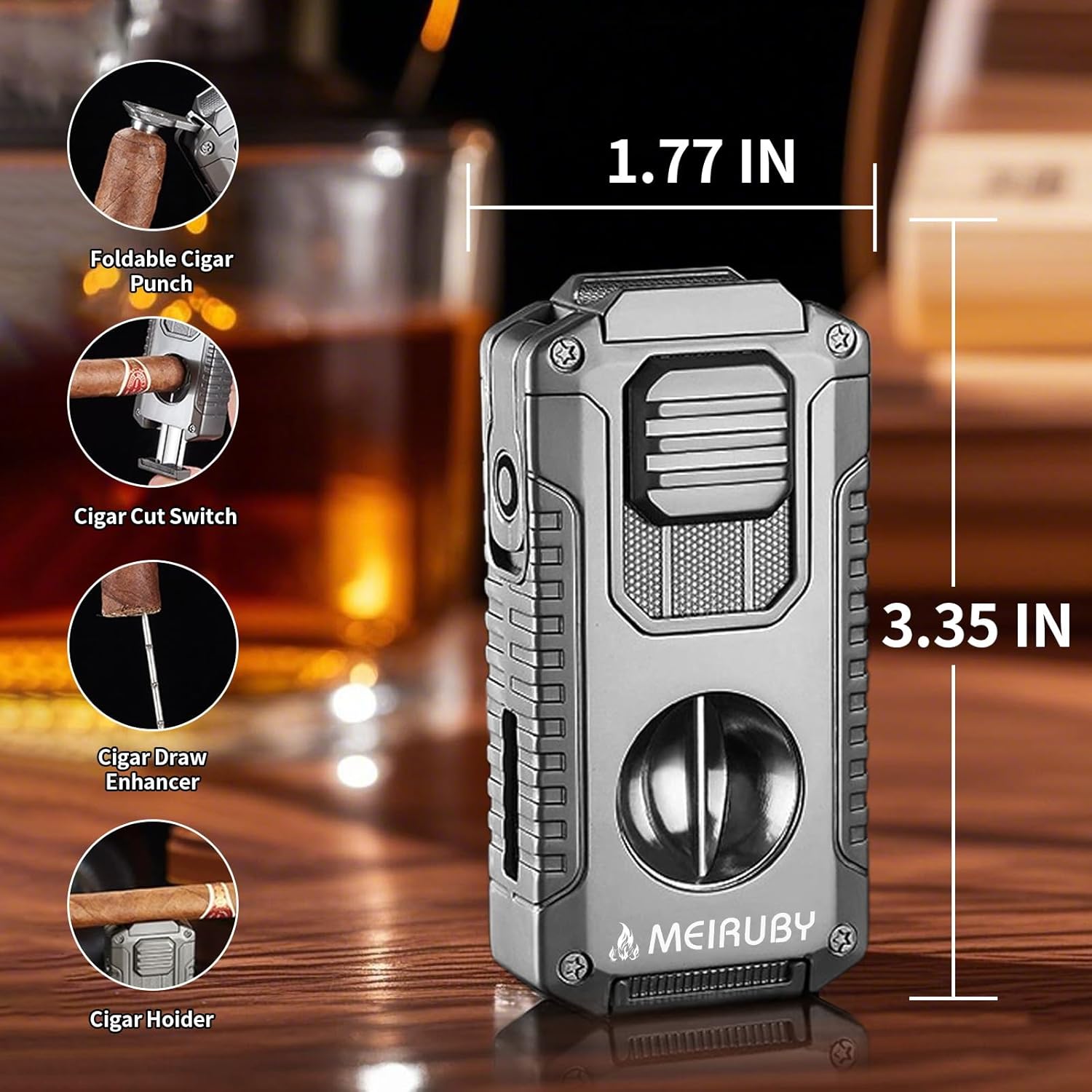 MEIRUBY 5-in-1 Butane Torch Lighter, Refillable Jet Flame Cigar Lighter with V-Cutter, Punch, Holder and Draw Tool, Multi-Functional Cigar Accessories Gift for Men, Dad, Husband, Friend & Cigar Lover