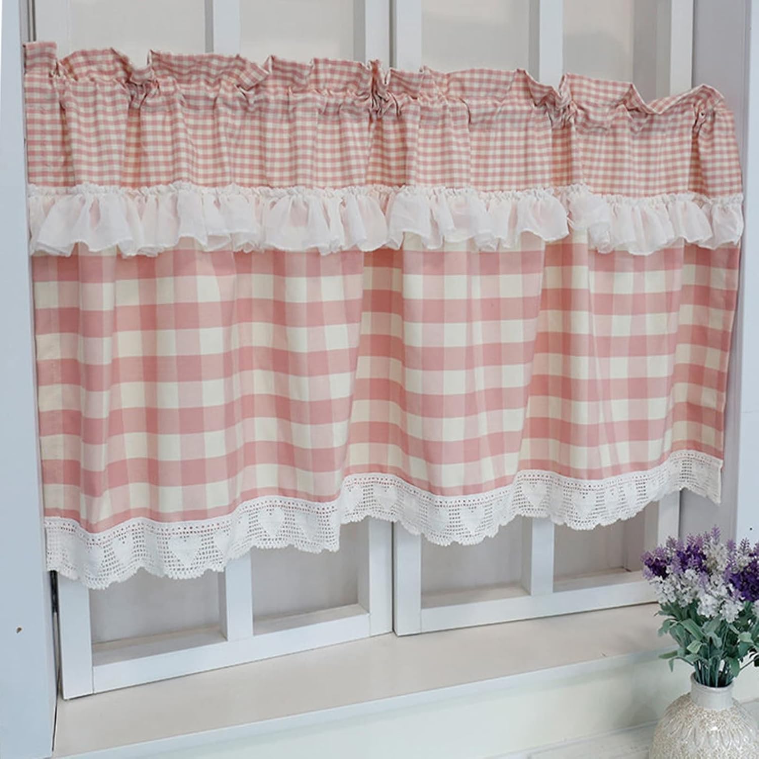 Plaid Kitchen Curtain,Romantic Cafe Tier Curtains Rural Style Window Treatment Lace Trim Rod Pocket,for Living Room,Bathroom,Cupboard,Storage Shelf,Blackout Dust Curtain Valance ( Color : Pink , Size