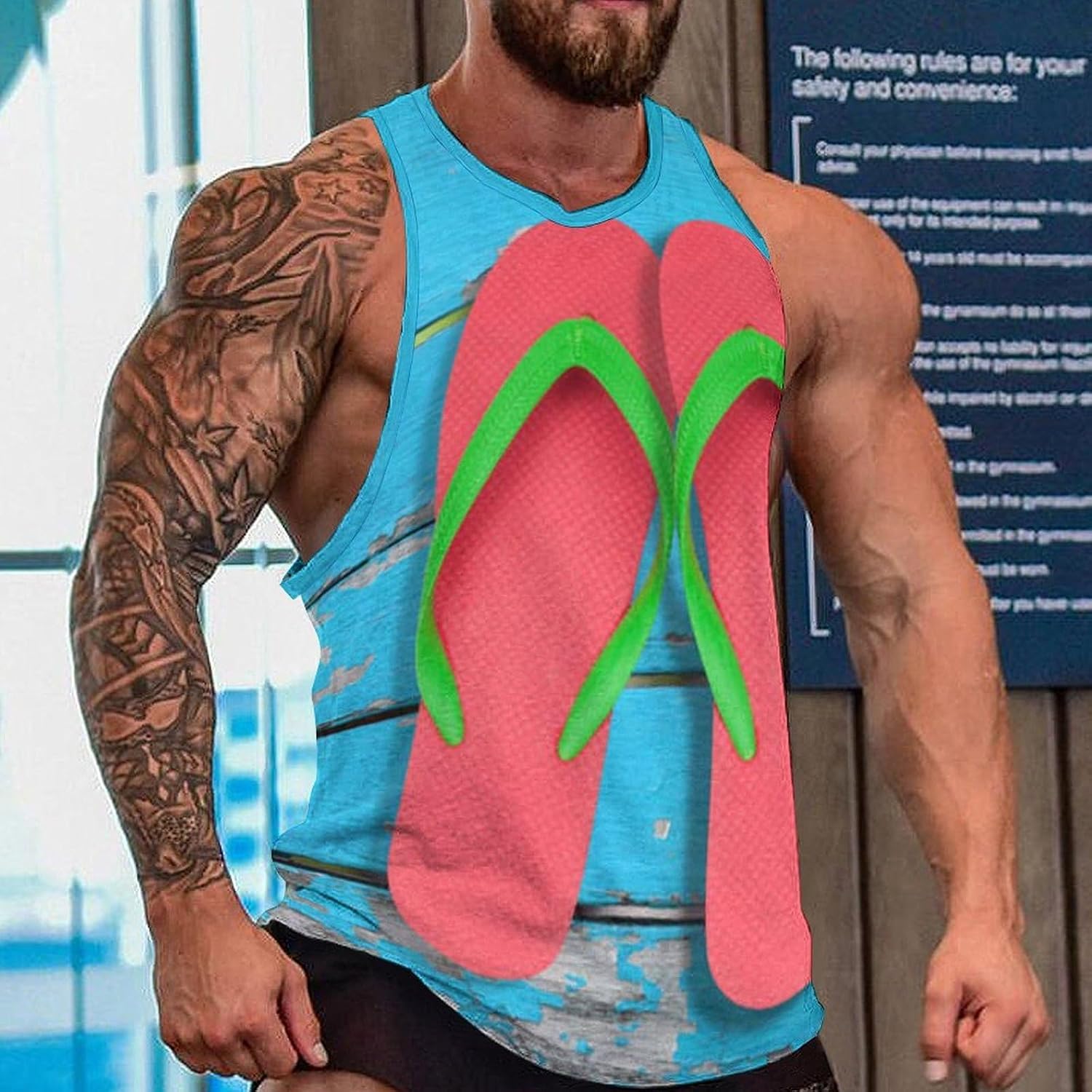 Summer Flip Flops Beach Pattern Mens Tank Tops Sleeveless Muscle Shirts Beach Casual Gym Shirt Vest Tee Tops