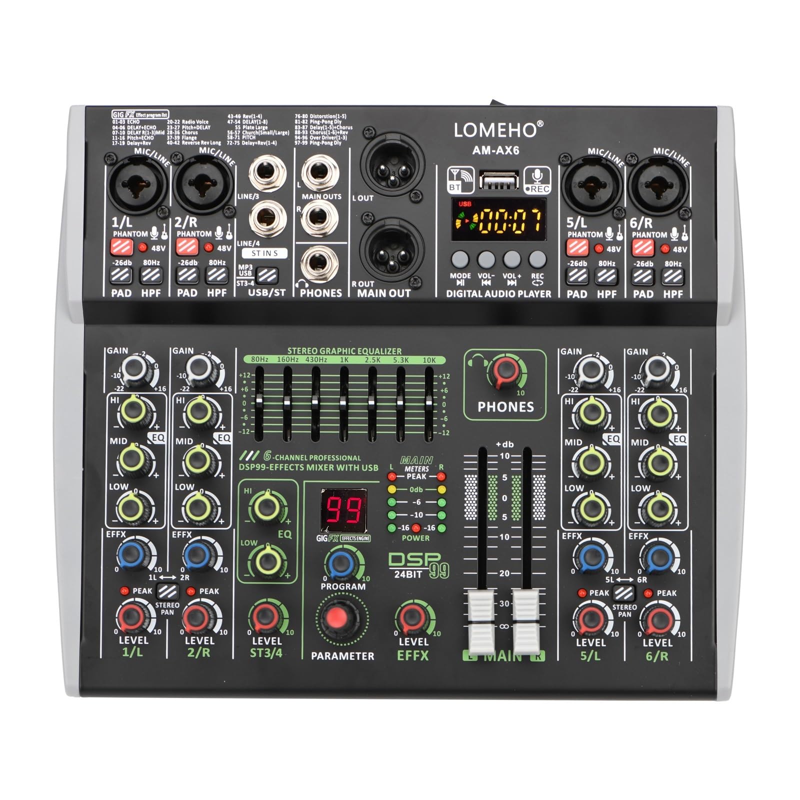 Mikser DJ-ski, 6-kanałowa konsola miksująca Bluetooth 7-pasmowy EQ Mikser dźwięku 48 V 99 DSP Efekty Profesjonalny USB PC AM-AX6