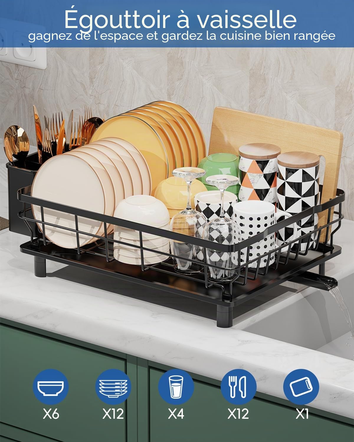 Egoutoire Vaisselle Cuisine,Grande Égouttoir Vaisselle avec Plaque de Drainage,Acier Inoxydable Égouttoir Vaisselle avec Porte-Ustensiles et Buse Rotative,Séchoir à Vaisselle Rangement