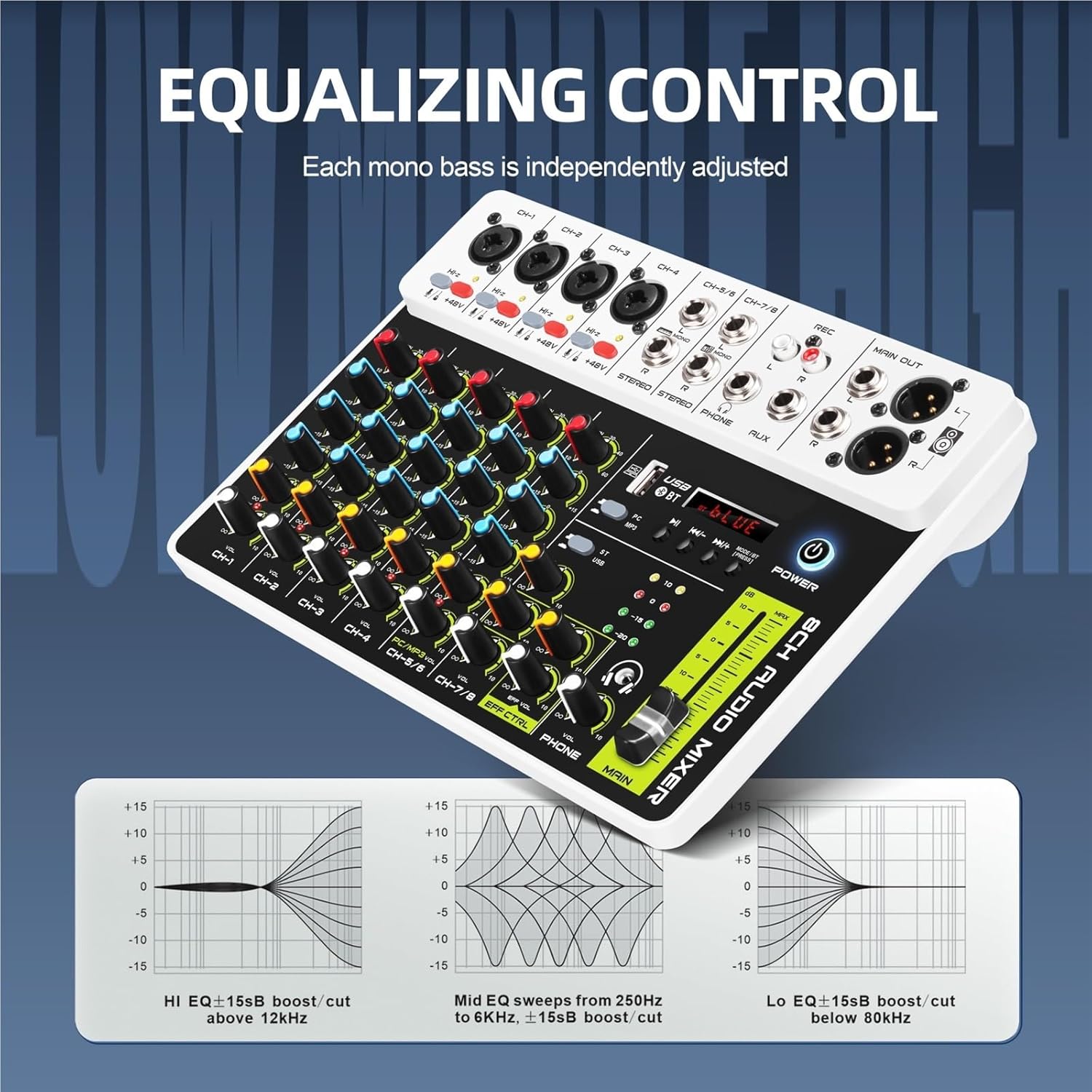 Dj Controller, Mixer Dj Controller with Bluetooth USB, 4/8Channel Mixer for Pc Recording