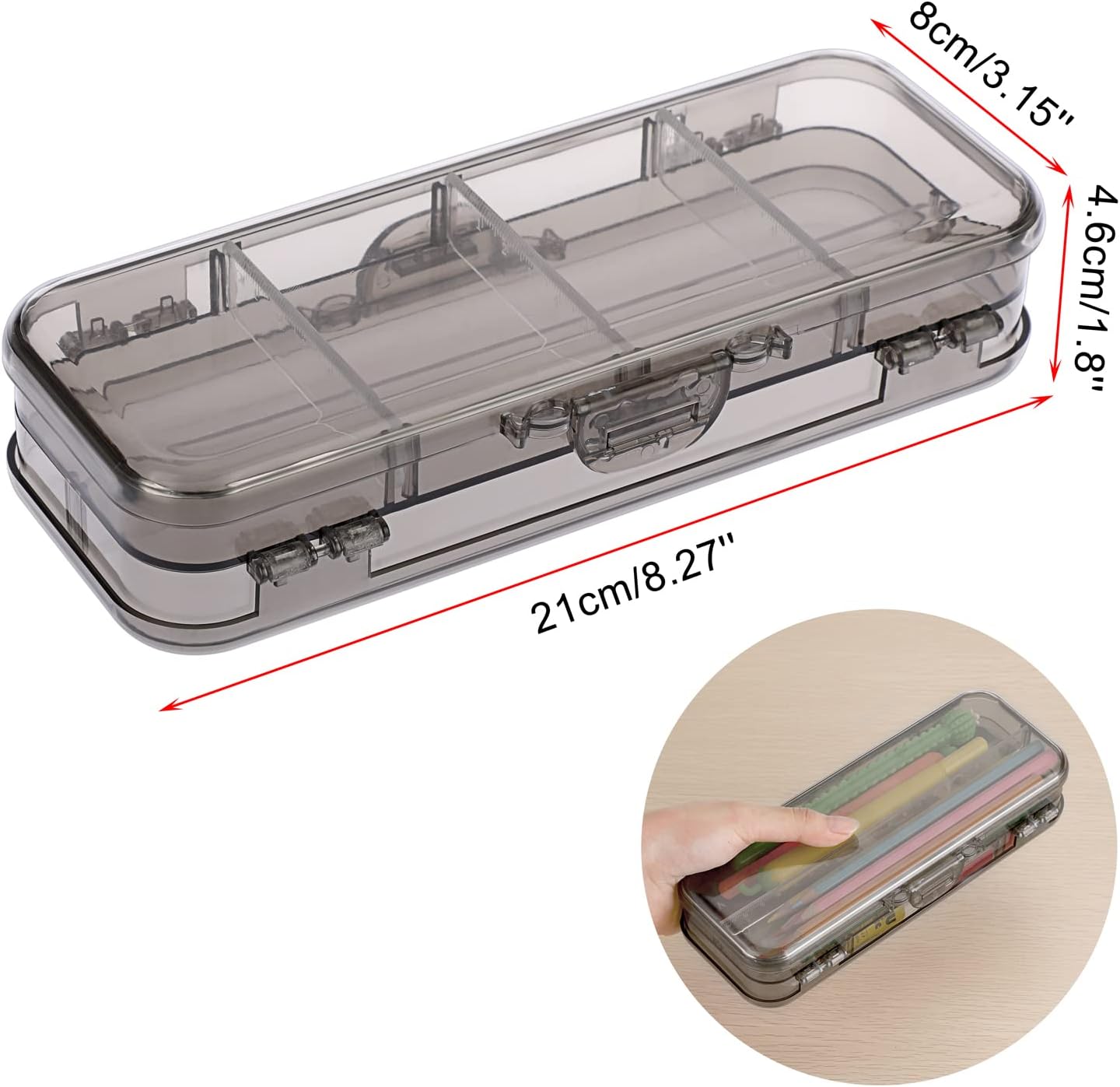 BTSKY Double Deck Pencils Box Clear Plastic Stationery Box with 4 Removable Ruler Dividing Spacers Multi-grid Home Utility Boxes with 6 Compartments for Pencils Erasers Clips (Clear Black) image 5