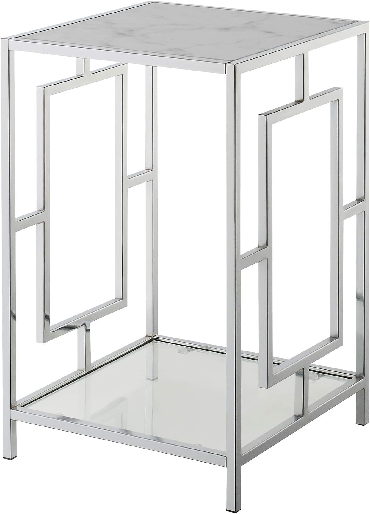 Convenience Concepts Town Square Chrome End Table with Shelf, White Faux Marble/Chrome