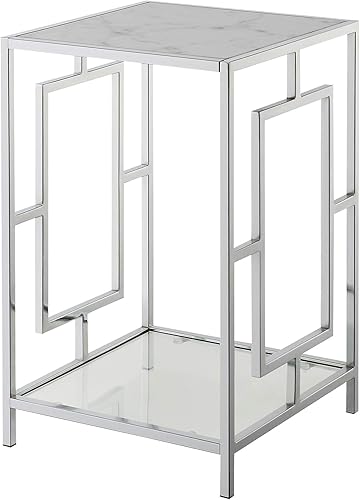 Town Square - Mesa auxiliar cromada con estante, mármol sintético blancocromo