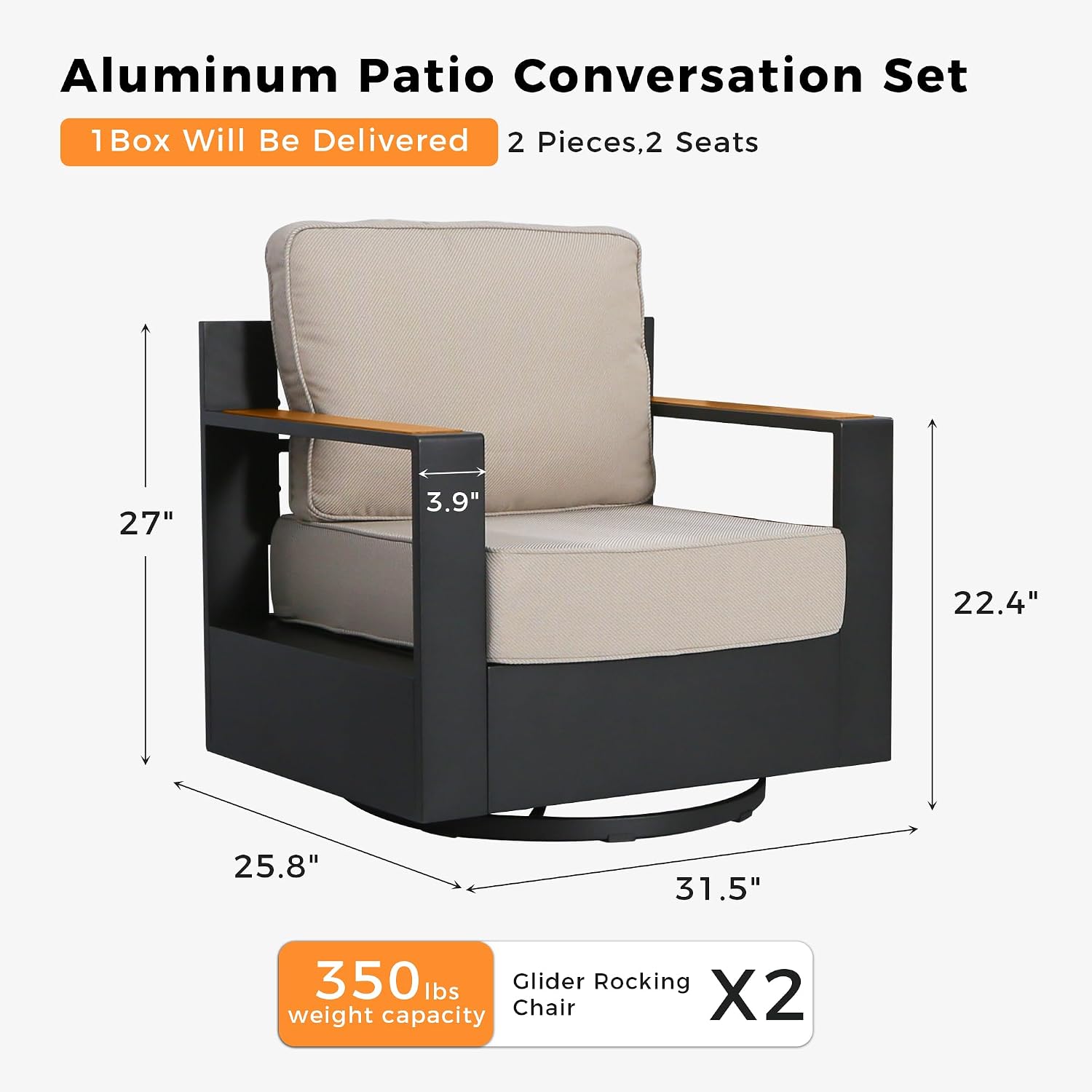 Luxury Outdoor Rocking Chairs Set of 2, Aluminum Swivel Patio Chair with 6-Inch Thick Cushions, Wood-Like Arms, Deep Seating for Porch, Deck and Backyard, Beige thumbnail
