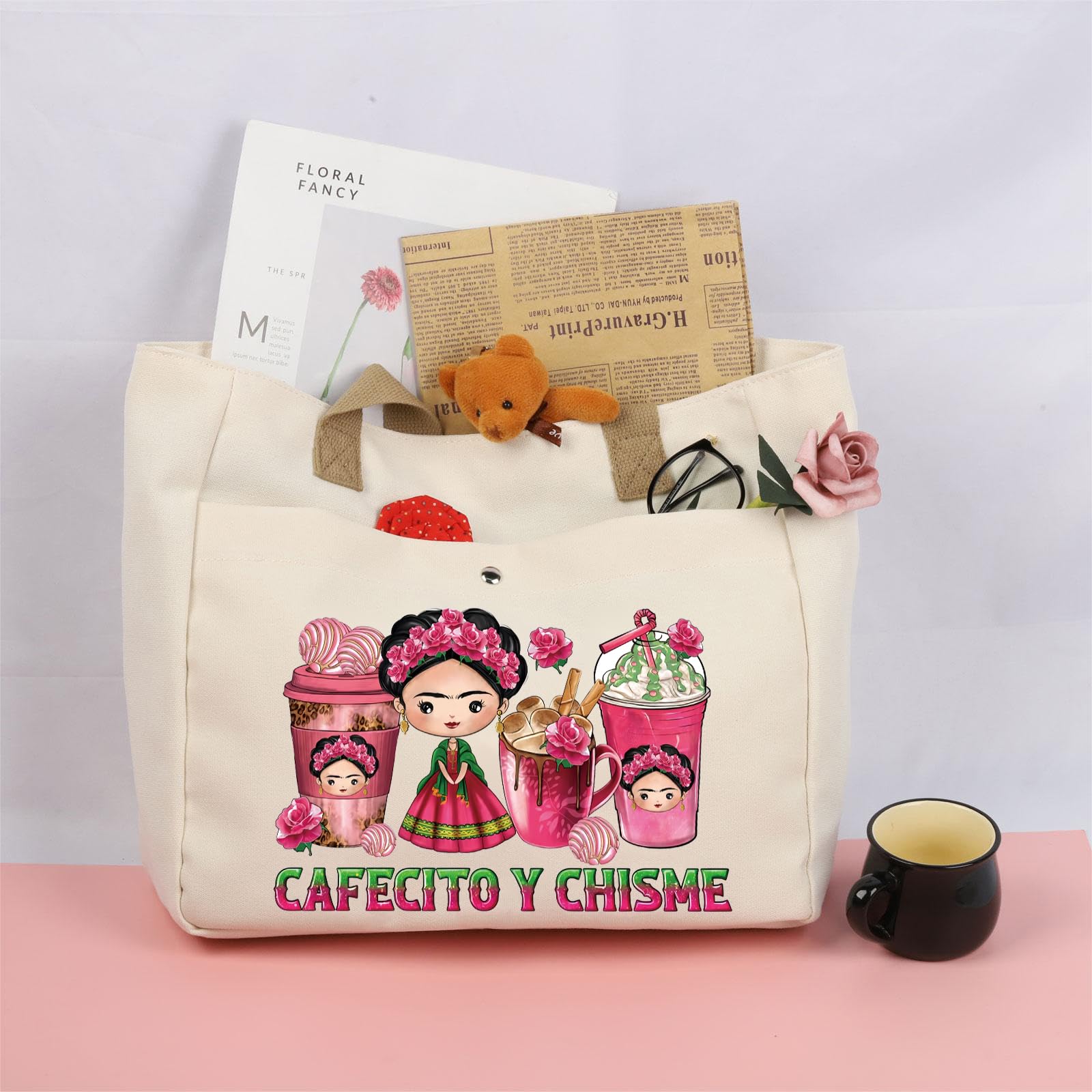 BLUPARK Śmieszne Cafecito y Chisme meksykańskie kubki do kawy tote meksykańska Concha Pun prezent meksykańska torba na ramię prezent meksykańskie kobiety
