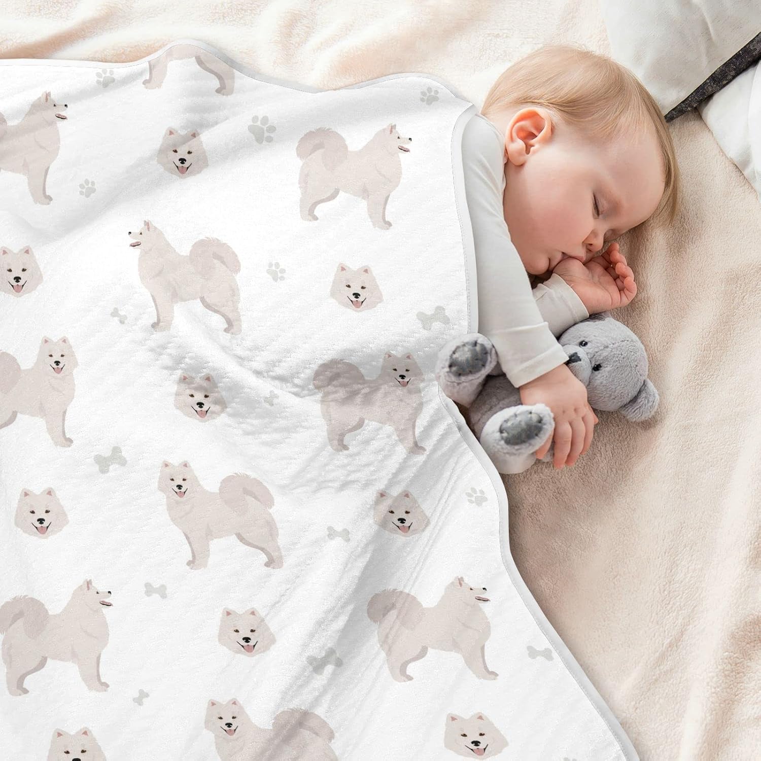 Swaddle Blanket Samoyed Dog Cotton for Infants, Receiving, Lightweight Soft Swaddling for Crib, Stroller, Nursery, 30X40 in
