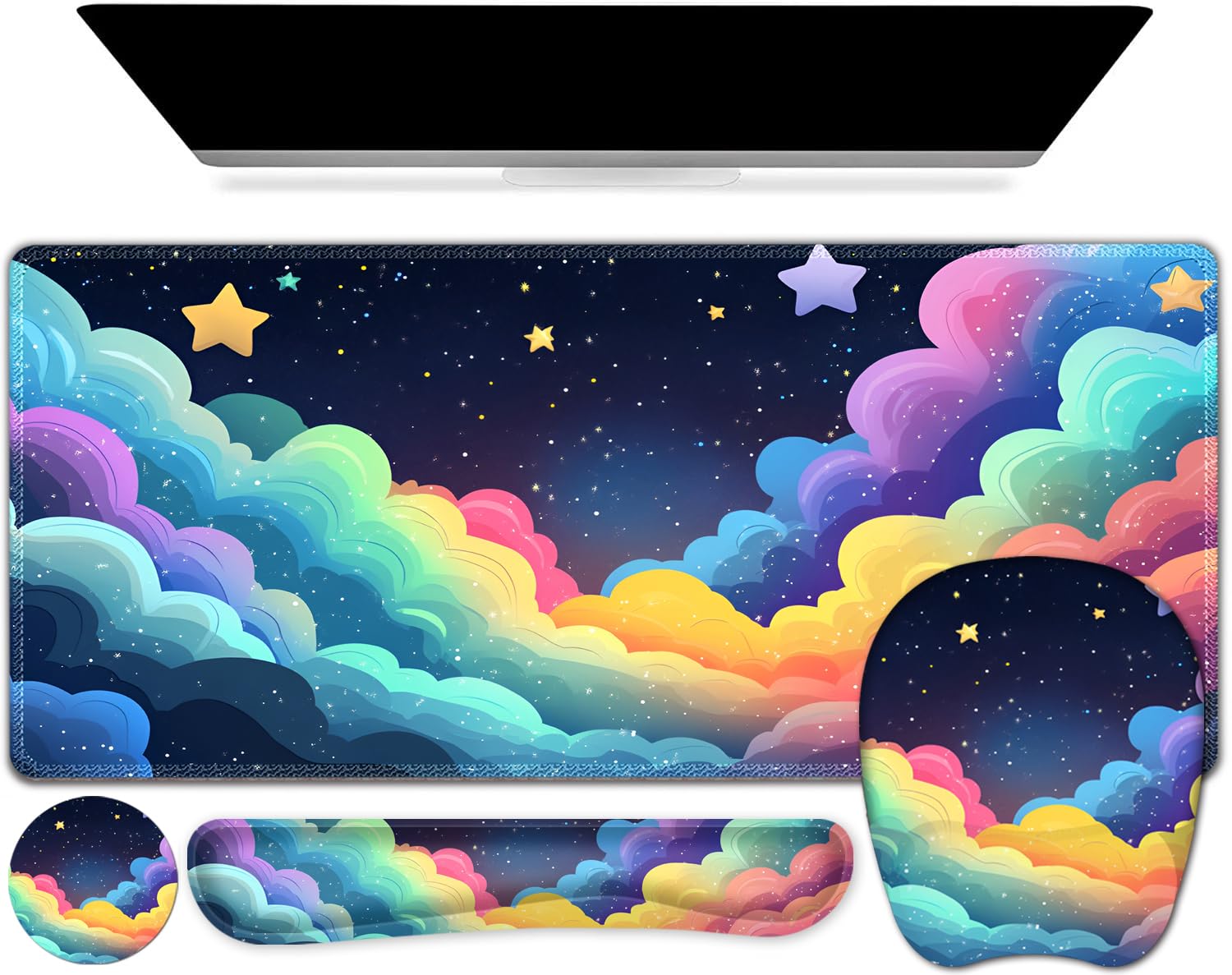 Mouse Pad with Wrist Support 4 in1 Set, XXL Big Game Mousepad + Keyboard Wrist Rest + Mouse Wrist Rest Pad +Coaster Gaming Mat for Home Office Work Computer Laptop I Colorful Clouds Starry Night