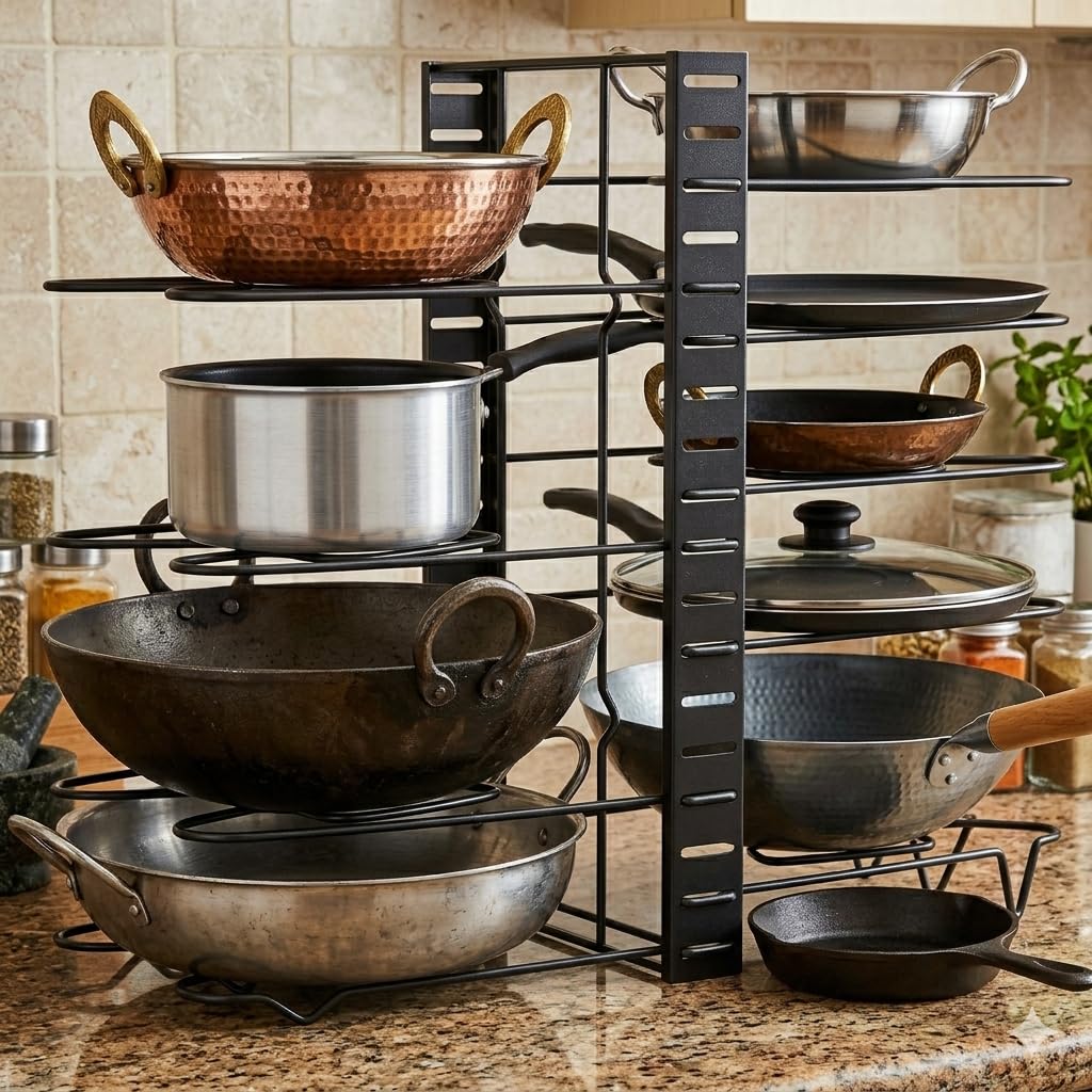 ProGrade Pan Stand, Black Metal Multi-Tier Pot and Pan Organiser Rack, Freestanding, Powder Coated, for Kitchen Storage-image-26