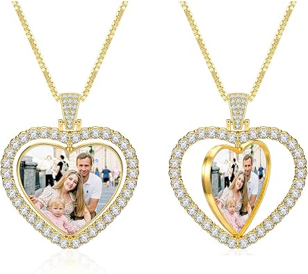 Zysta Personalized Picture Necklace Love Heart Double Sided Photo Custom Memory Pendant Full Color Photo Engraved Rotating Necklace Hip Hop Jewelry for Men Women