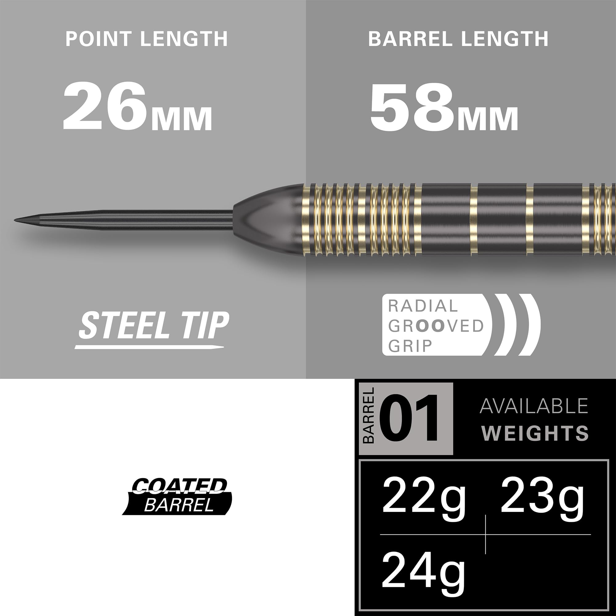 TARGET Darts Vitus 22G/23G/24G Zestaw rzutek stalowych Brass Set – 6 trzonków Pro Grip – 9 skrzydełek Pro Ultra – zestaw portfeli na rzutki