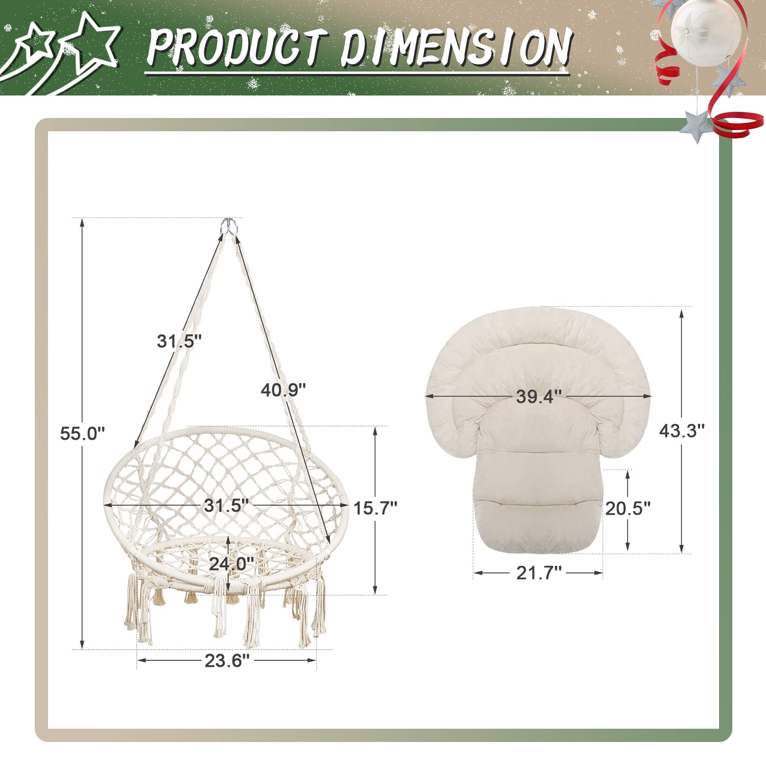 Bathonly Poltrona Sospesa, Portata 150 Kg, in Cotone con Cuscino, Sedia a dondolo in Macramè, Fatta a Mano con Kit di Accessori per Appendere, BohéMien, Giardino, Interni & Esterni, Beige