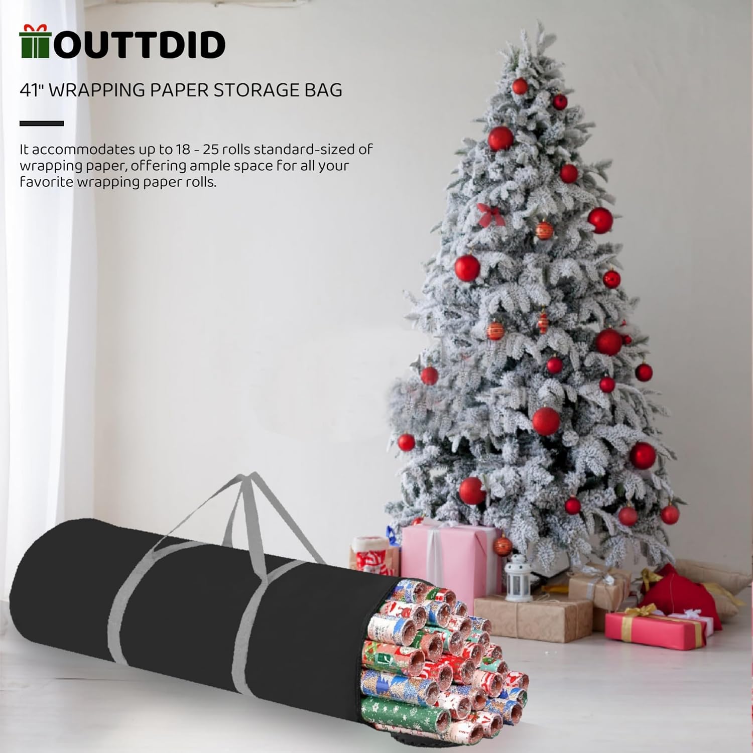 OUTTDID Christmas Wrapping Paper Organizer Storage, 41" Gift Wrapping Paper Storage Containers, 600D Oxford Fabric Gift Wrap Paper Holder Fits 18-25 Rolls, with Handles and Zippered, Black
