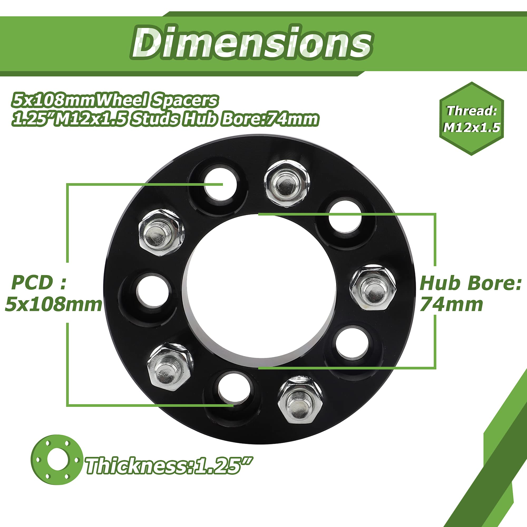 YIZBAP 5X4.25 Wheel spacers, 1.25 inch 5X108mm Wheel spacers 74mm Hub bore with 12X1.5 Thread Pitch