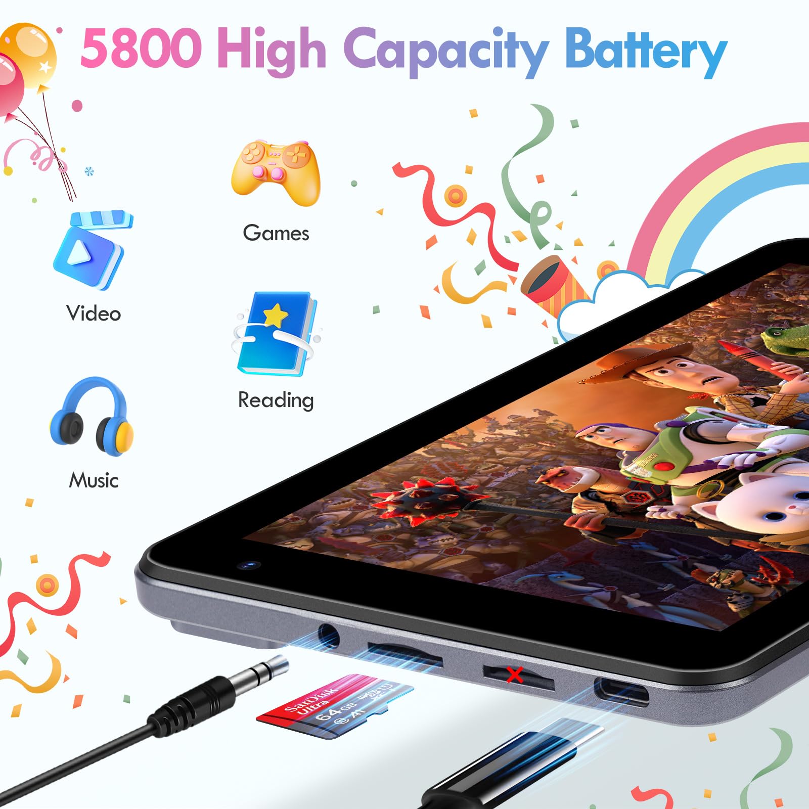 BISAIKASOW Tablet Bambini 7pollici, Android 13, Octa-Core, 8GB+64GB (esp. 256GB), 5800mAh Batteria, Doppia Cam. 5MP+8MP, Software Bambini, Controllo Parentale, con Custodia (Rosa)