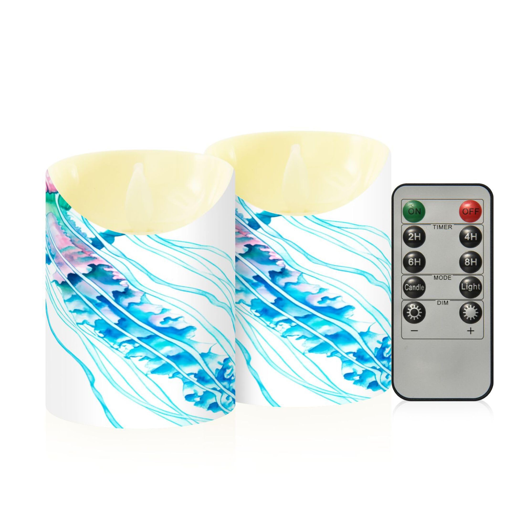 Kutsu Jellyfish Flameless Candles Set of 2, Battery Operated LED Flickering Candles with Remote and Timer, Plastic Pillar Candles for Home Wedding Decor