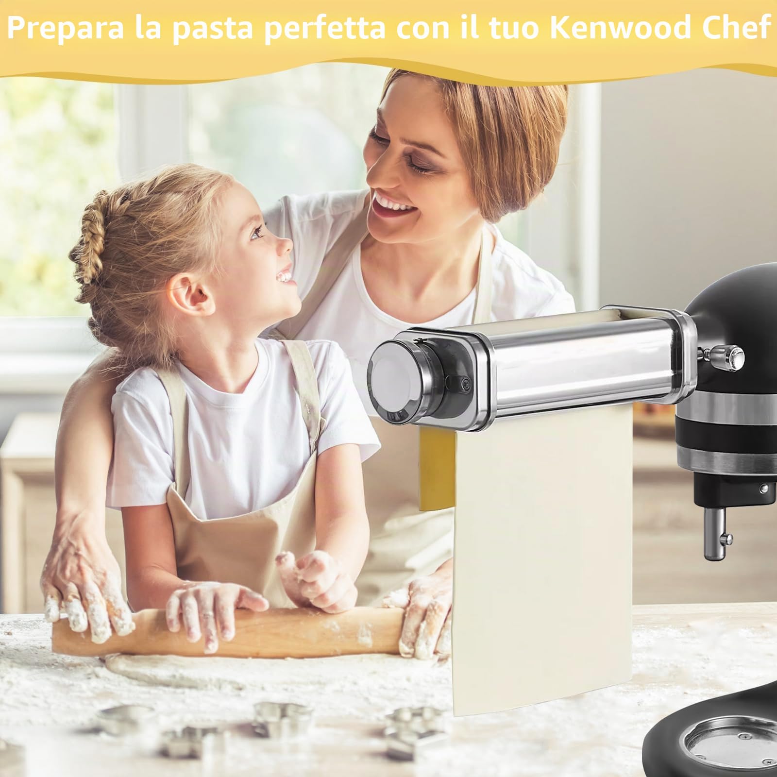 Inserto per pasta in acciaio inox 304, adatto per robot da cucina Kenwood, accessori per pasta con manopola girevole, 8 spessori regolabili, rullo per pasta Kenwood accessori Kmix, argento