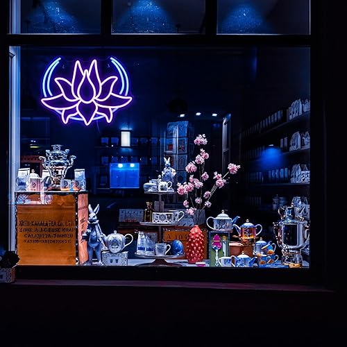 Miniatura 7 de Letrero de neón con diseño de flor de loto y luna, regulable, luz de neón azul para decoración de pared, alimentación USB, loto morado, letrero de